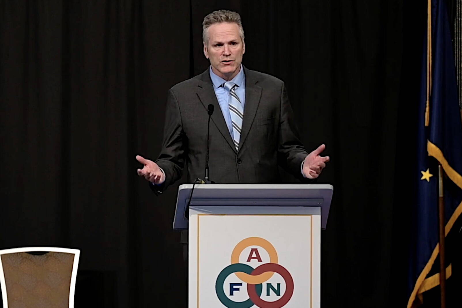 Gov. Mike Dunleavy addresses the Alaska Federation of Natives convention in Anchorage on Thursday morning. All of the elected officials and candidates in the state’s three major races in the November election are scheduled to participate in speeches and debates scheduled during the three-day gathering. (Screenshot from video provided by the office of Gov. Mike Dunleavy)