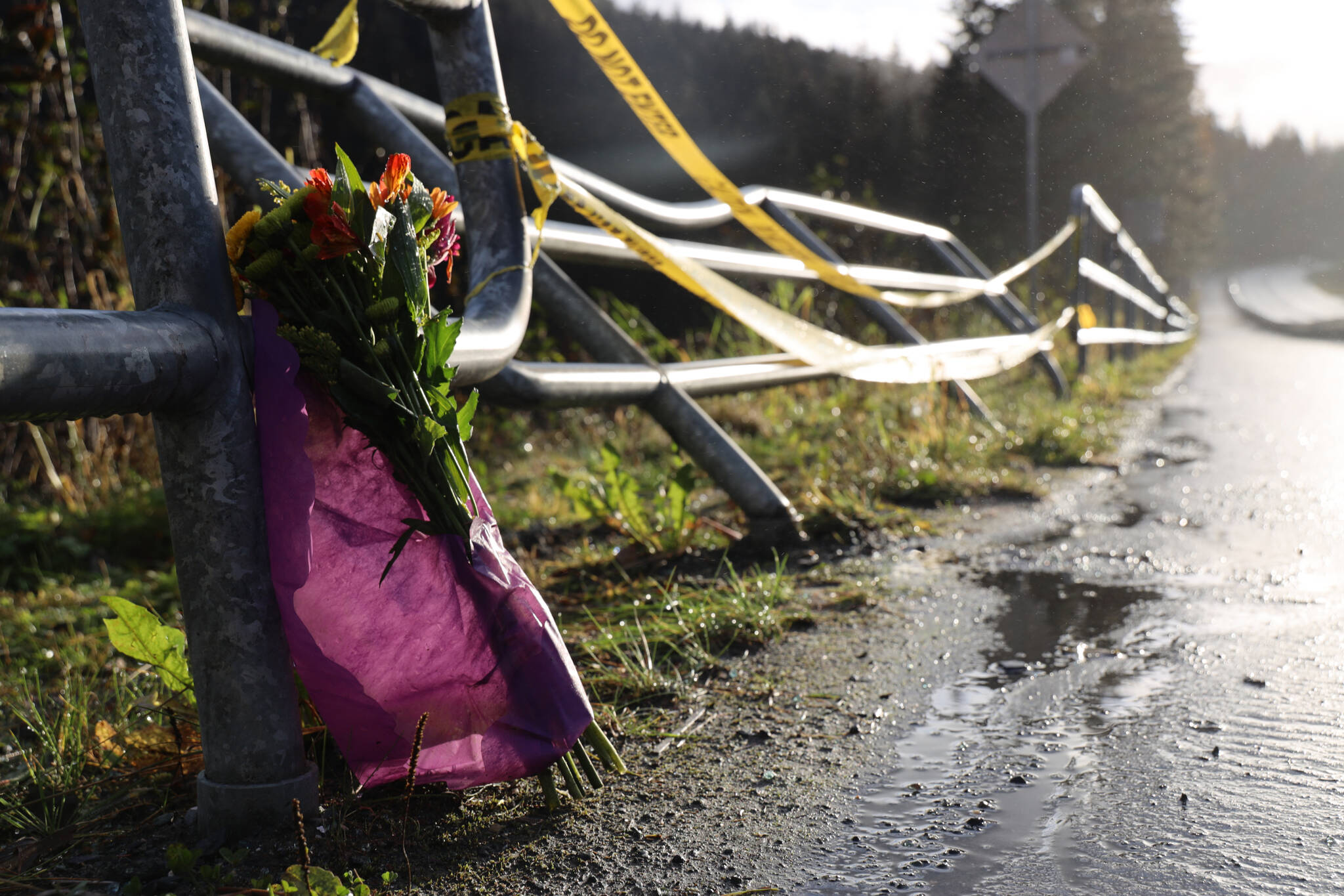 Flowers sit Friday morning at Auke Lake at the site of a deadly crash. (Clarise Larson / Juneau Empire)