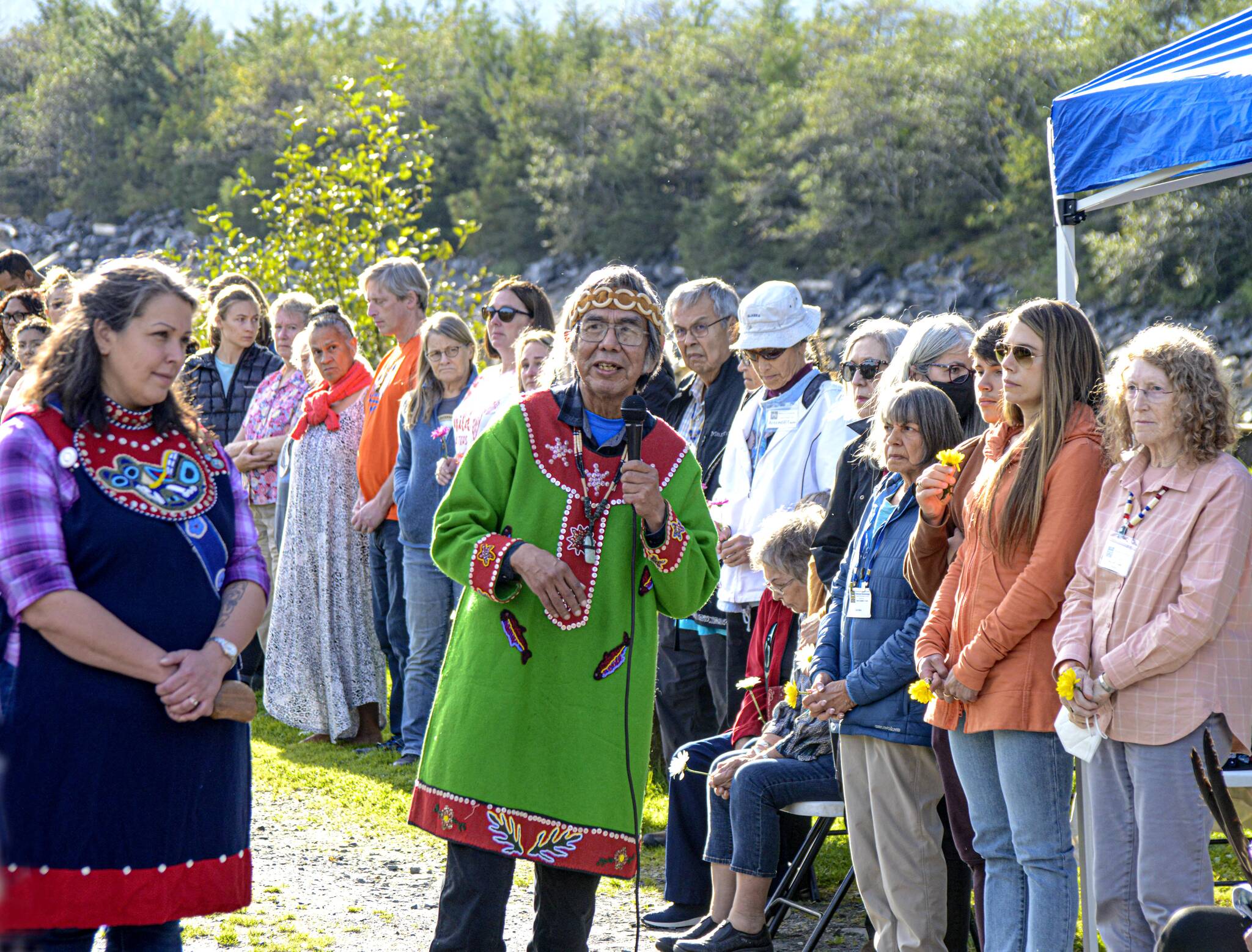 Meda DeWitt and Bob Sam served to facilitate the healing ceremony held on Saturday, September 10, at Shoemaker Bay, opposite the remains of the Wrangell Institute, a boarding school for Alaska Natives. (Peter Metcalfe / Sharing Our Knowledge Conference)