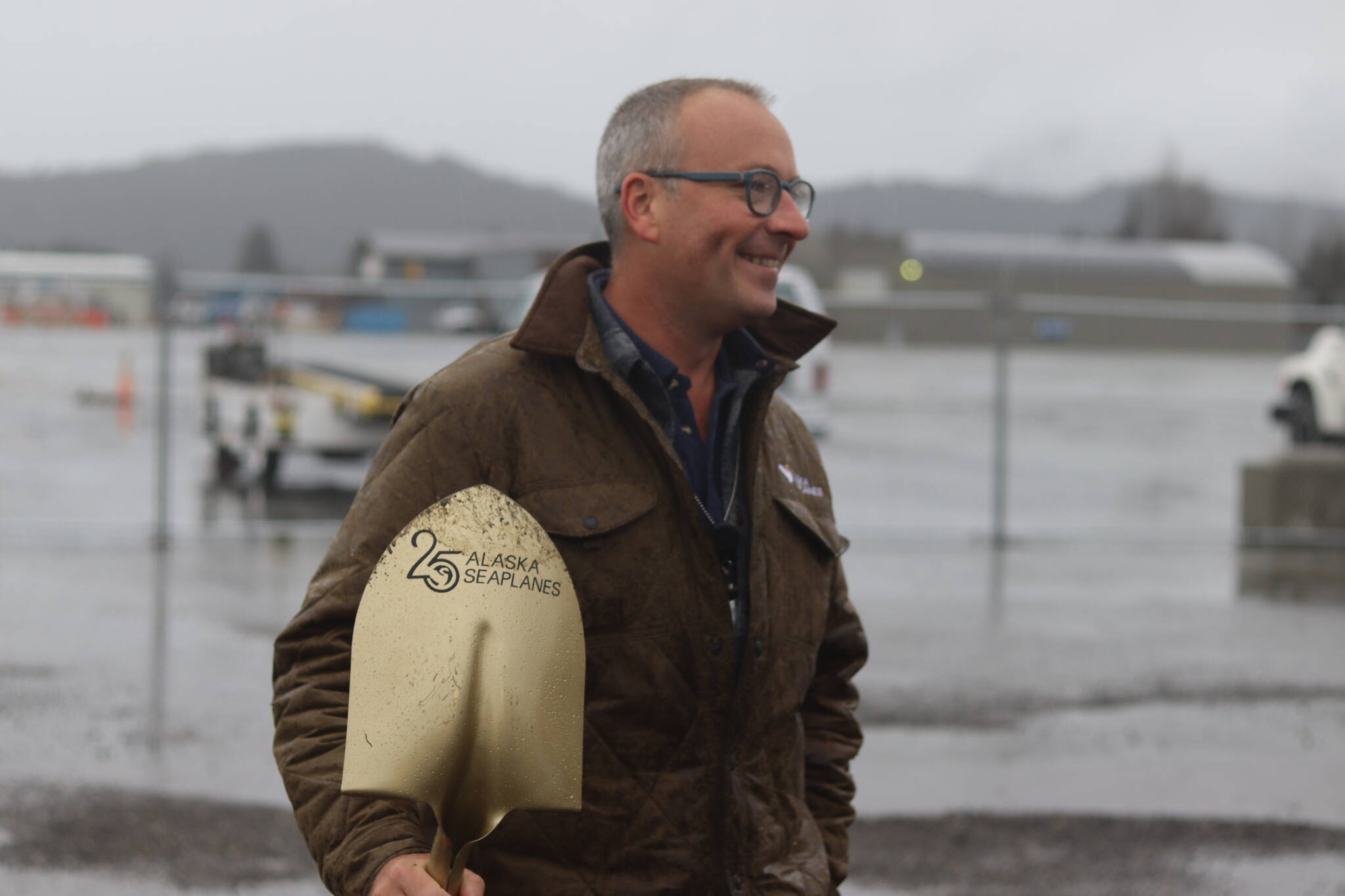 Alaska Seaplanes co-owner and president Kent Craford seen in this photo at the Golden Shovel ceremony on Wednesday, Oct. 26 to break ground on Alaska Seaplanes’ new cargo facility adjacent to the North Terminal at the Juneau International Airport. (Jonson Kuhn / Juneau Empire)