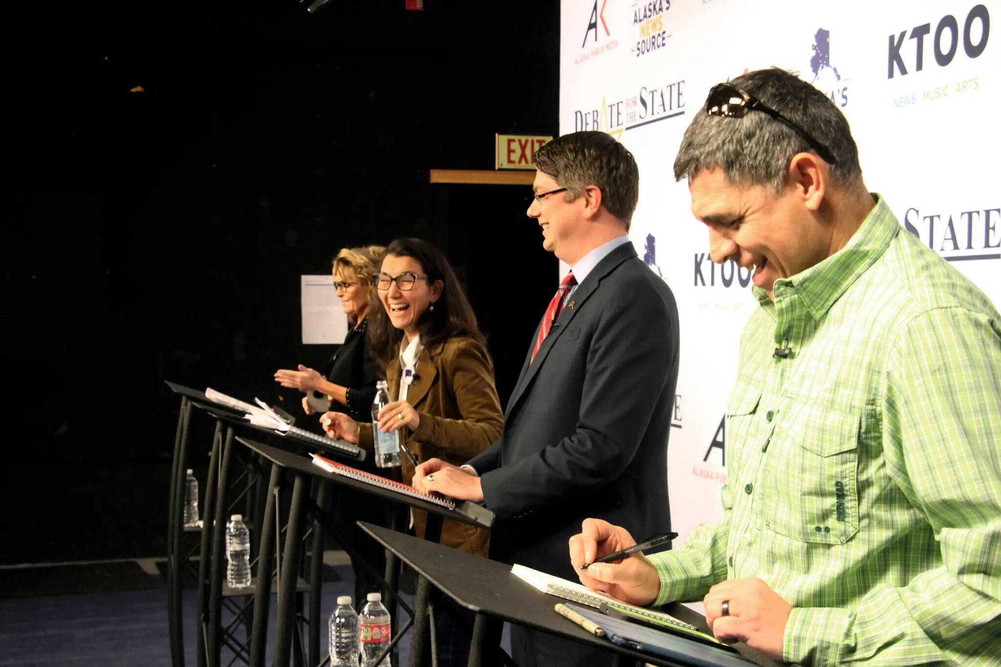 From left, onstage on Wednesday in Anchorage for a debate in Alaska’s U.S. House race: former Gov. Sarah Palin, Rep. Mary Peltola, Nick Begich III and Chris Bye. (Mark Thiessen/Associated Press)