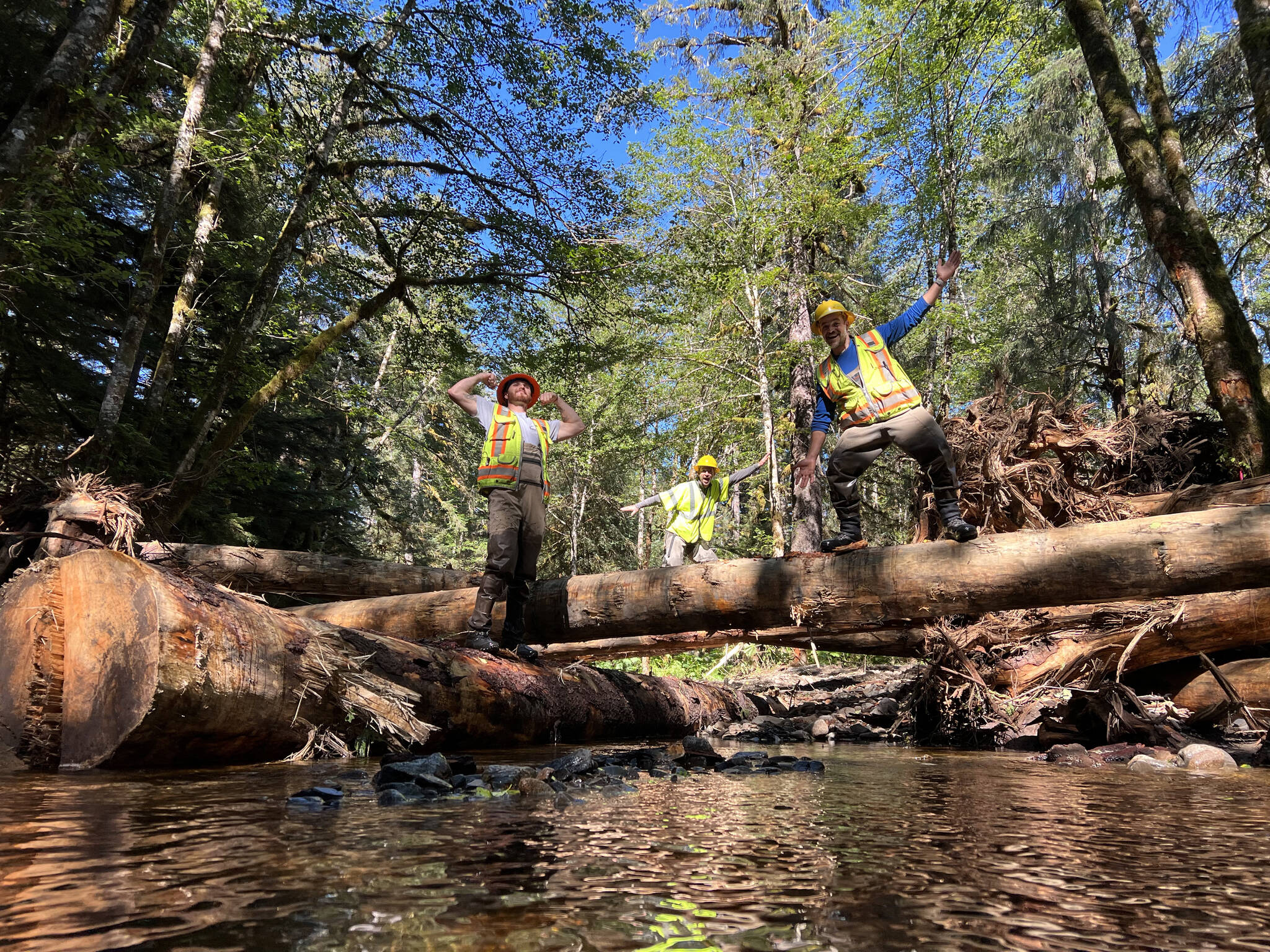 From left, VetsWork’s Taran Snyder, a natural resource specialist with the U.S. Forest Service; USFS hydrologist Heath Whitacre; and USFS fish biologist Eric Castro strike a pose on a recently completed stream structure. Joking aside, the stream structure was years of hard work and planning in the making and shortly after installation it had already helped create deeper pools in a degraded stream — which means better spawning and rearing habitat for salmon and other fish. (Mary Catharine Martin / SalmonState)