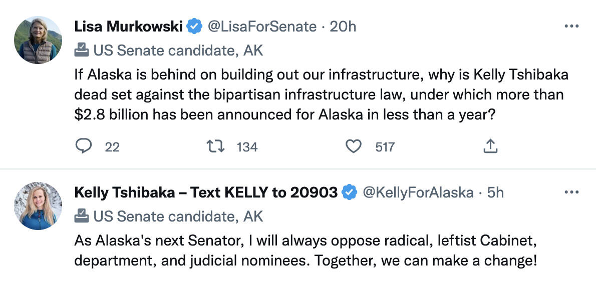 A successive pair of Tweets from U.S. Sen. Lisa Murkowski and Republican challenger Kelly Tshibaka during the hours following their debate on statewide television Thursday night typifies an increasingly prolific and nasty campaign leading up to the Nov, 8 general election. (Credit: Twitter)