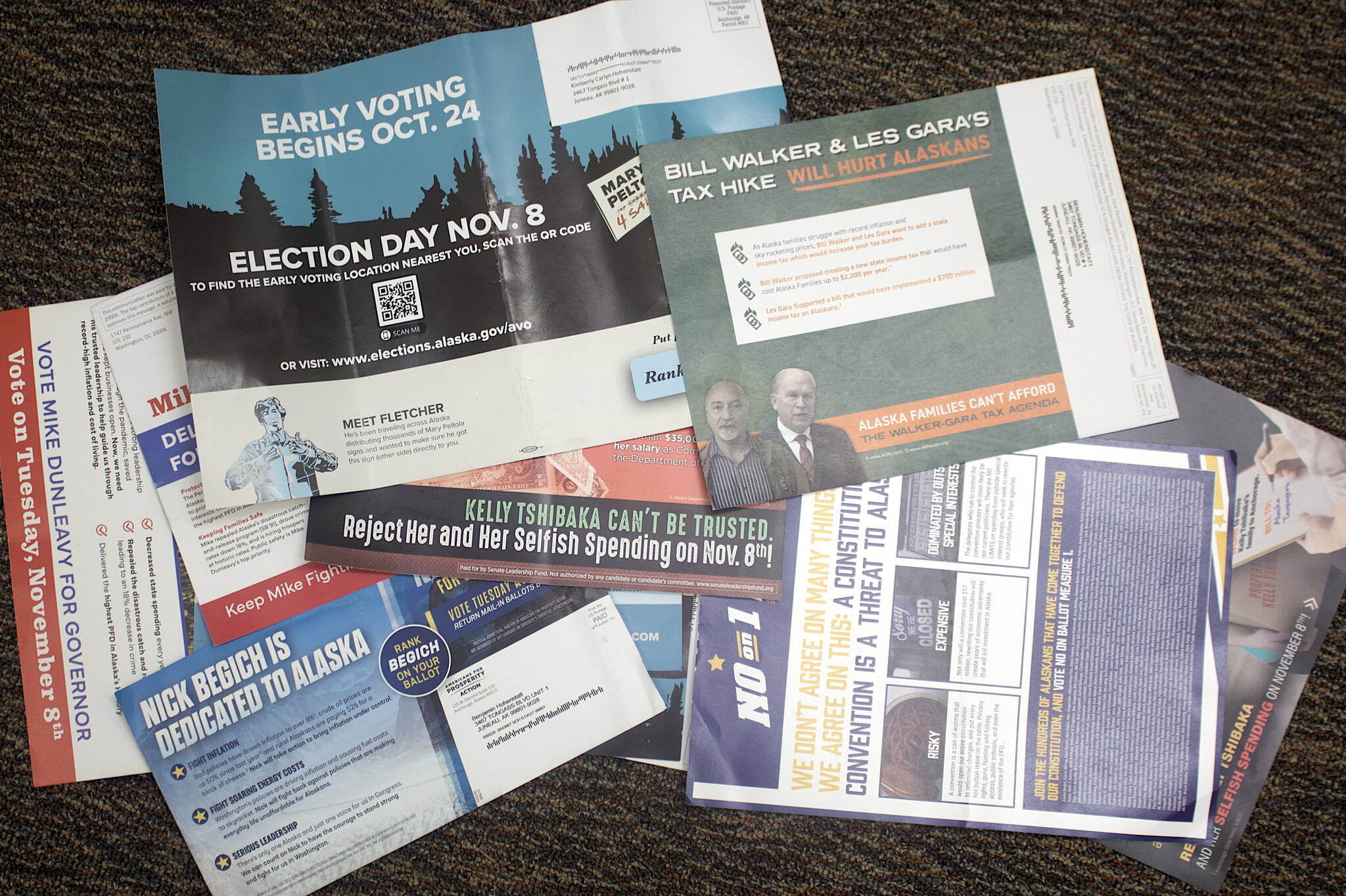 A variety of fliers with varying amounts of accuracy from candidates and groups are filling mailboxes leading up to the Nov. 8 general election. TV and other ads also range from pure nonsense to completely accurate, although many fall into the “true from a certain point of view” category. (Mark Sabbatini / Juneau Empire)