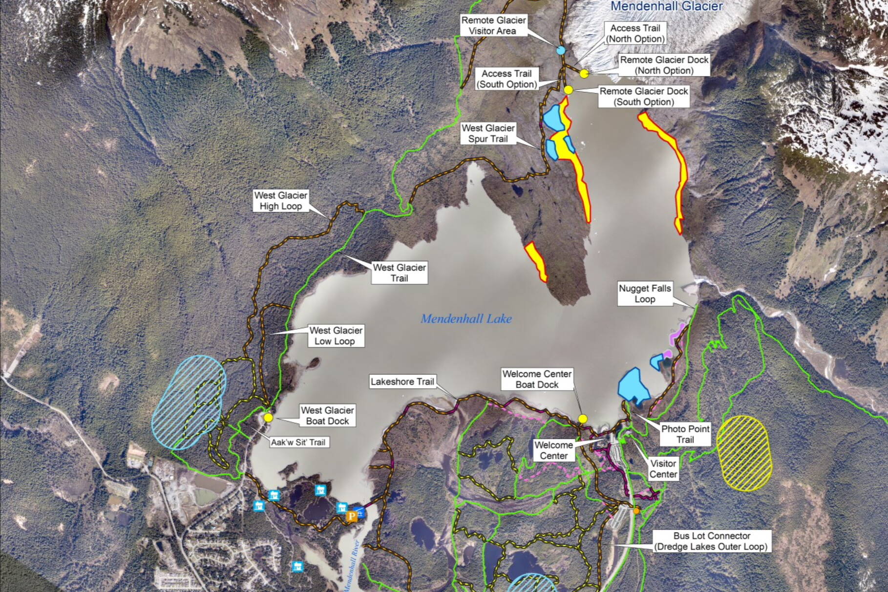A map showing Alternative 2, the most aggressive of four original options for expanding the Mendenhall Glacier Recreational Area, includes a dock for commercial motor boats that would carry passengers to a new visitor area at the face of the Mendenhall Glacier. That alternative is the “proposed action” by the U.S. Forest Service, but a revised draft Environmental Impact Statement scheduled to be released Tuesday adds three new lower-impact alternatives to three others already being considered. (U.S. Forest Service)