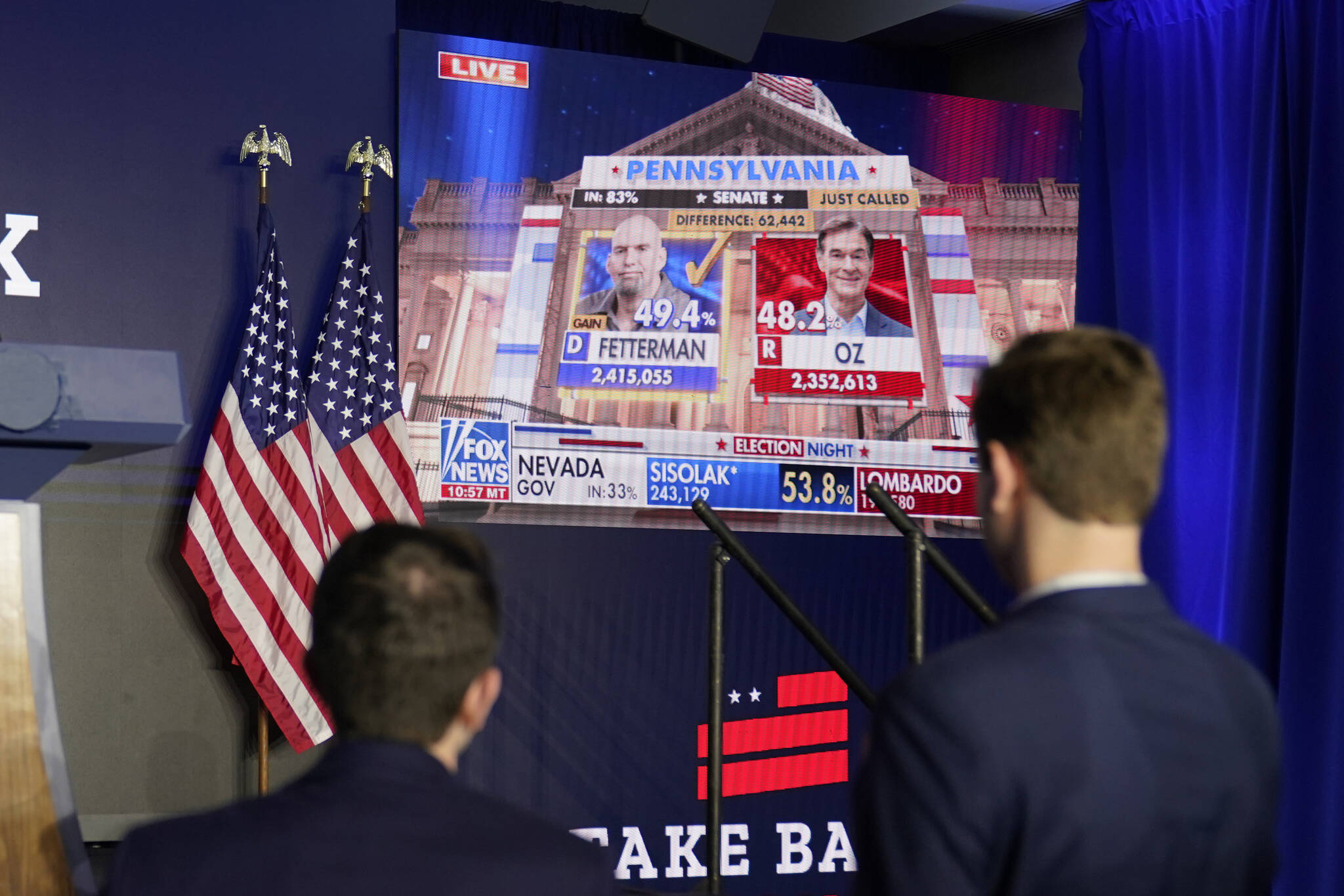 AP Photo / Alex Brandon
A cable network television broadcast displays information during the evening on the Pennsylvania Senate race with Democrat John Fetterman and Republican Dr. Mehmet Oz, at a hotel, Wednesday, Nov. 9, 2022, in Washington. (AP Photo / Alex Brandon)