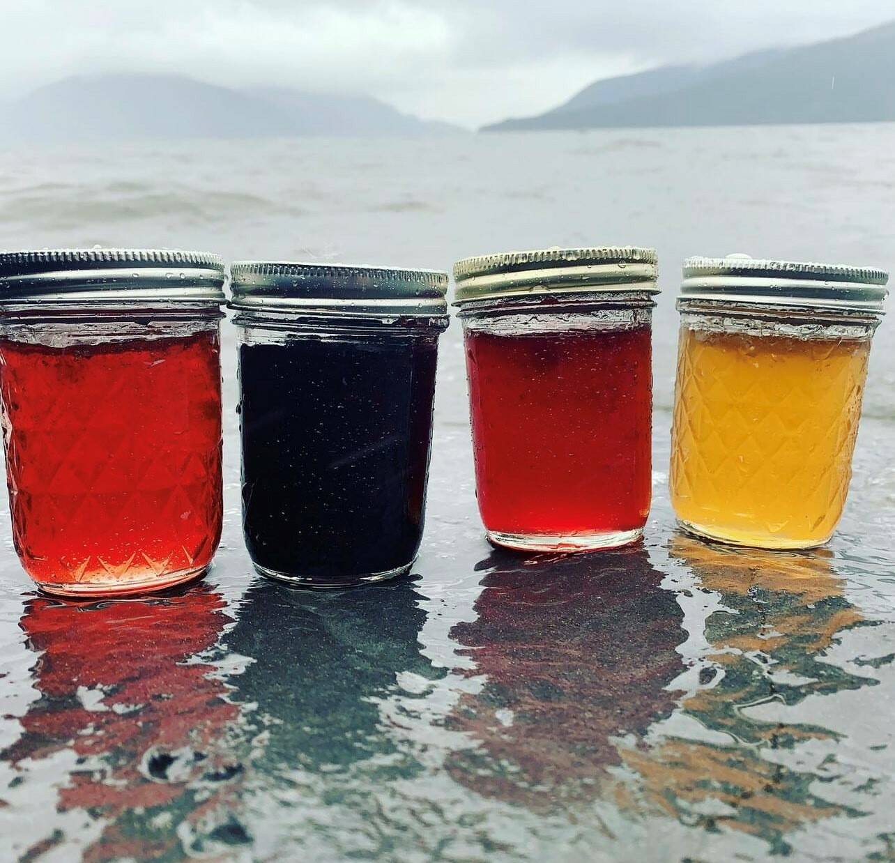 Jars of jam and jelly made by Vivian Faith Prescott and Nikka Mork sit on the beach in Wrangell. (Vivian Faith Prescott / For Capital City Weekly)