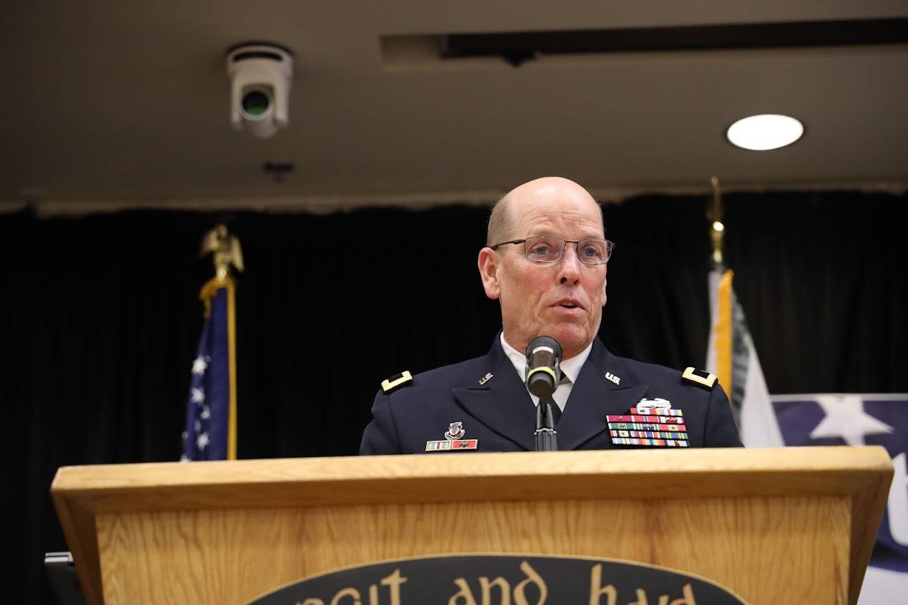 Retired Army Maj. Gen. Richard Mustion gives a speech at the Elizabeth Peratrovich Hall during the Veterans Day ceremony and luncheon hosted by the Southeast Alaska Native Veterans Friday afternoon. (Clarise Larson / Juneau Empire)