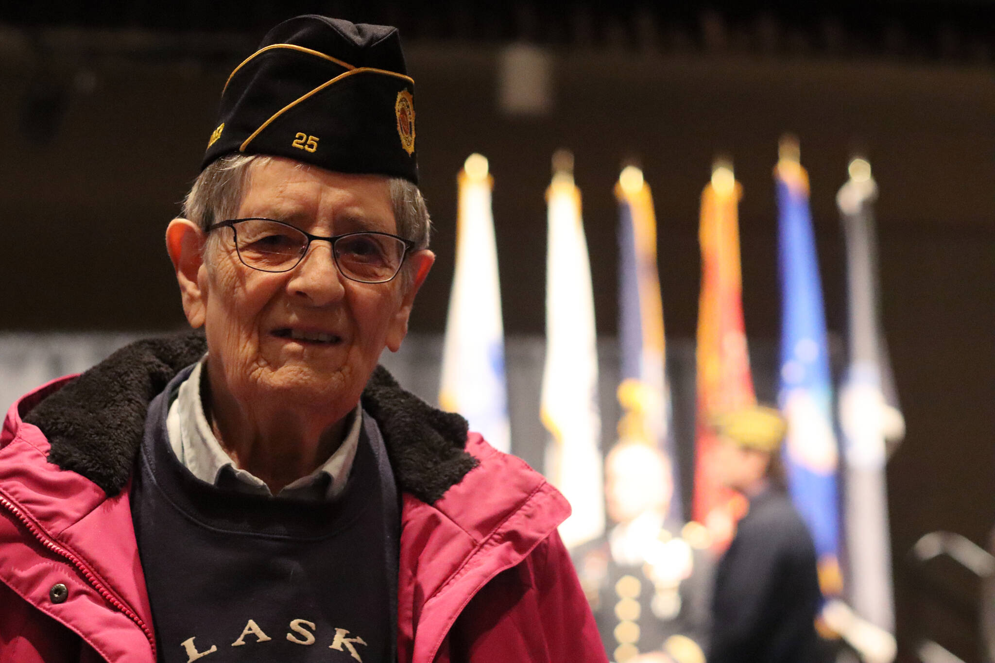 Korean War veteran Mickey Lesley poses for a photo at Centennial Hall during Juneau's American Legion Veterans Day ceremony on Friday. (Jonson Kuhn / Juneau Empire)