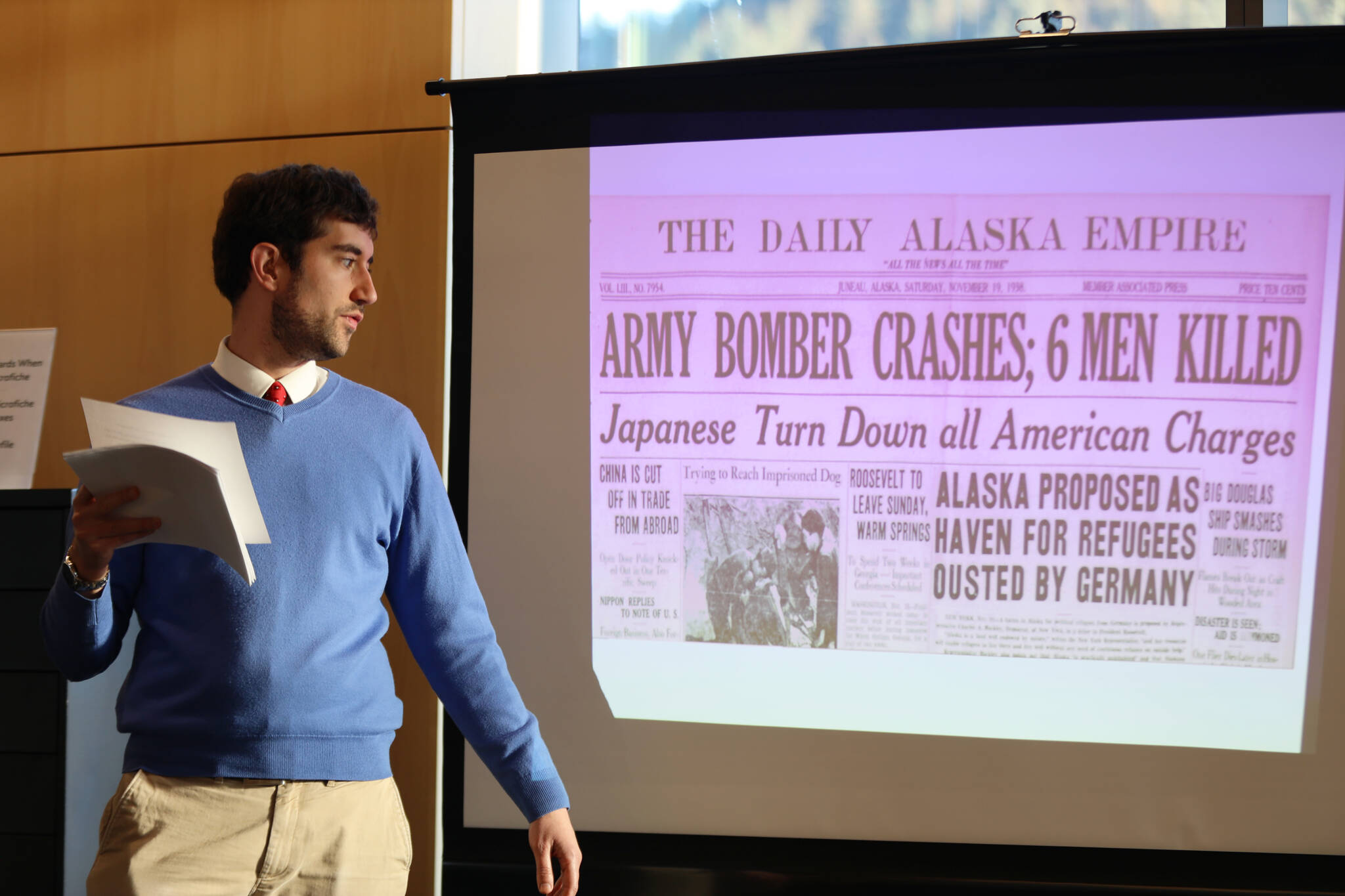 Eric Schmalz gives a lecture at the Andrew P. Kashevaroff Building Thursday afternoon. The lecture examined Alaska newspaper coverage of the American response to Nazism, racism, xenophobia and antisemitism during the 1930s and 1940s. (Clarise Larson / Juneau Empire)