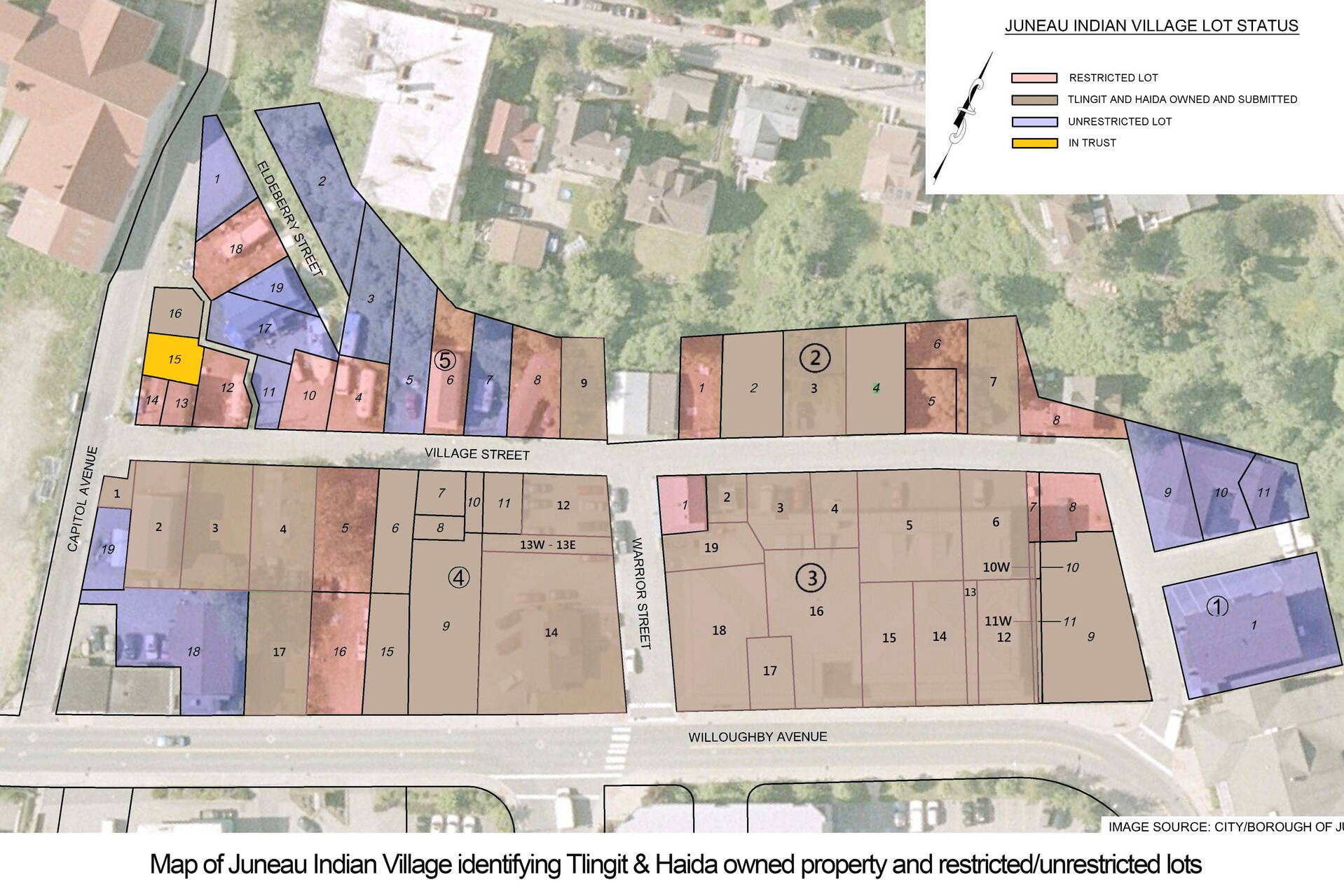 A parking lot (shaded in yellow) in the historical and cultural area long known as the “Juneau Indian Village” is the first property owned by Central Council of the Tlingit Haida Indian Tribes of Alaska to be placed into federal trust status. The designation, which Tlingit and Haida is seeking for other properties it owns, will make the tribe eligible for assistance from more federal programs and services. (City and Borough of Juneau)