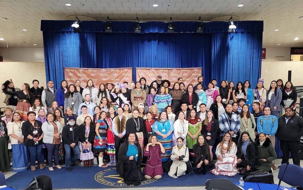 Students and high-level administration officials smile for a photo at the annual White House Tribal Youth Forum hosted by the White House, United National Indian Tribal Youth and the Center for Native American Youth at the Aspen Institute. (Courtesy / Kylie Kookesh)
