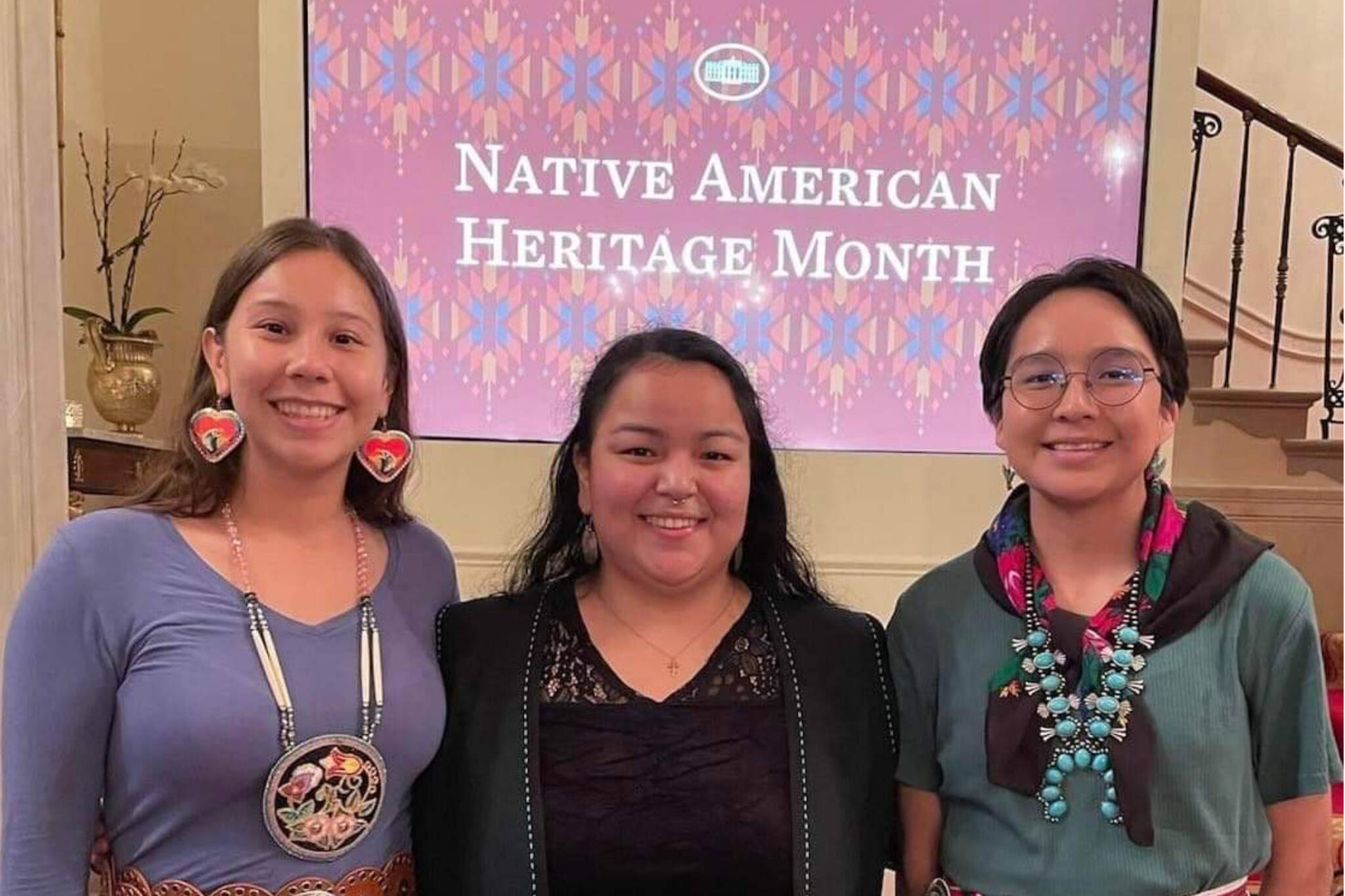 From left to right, University of Kansas students Hayley Harman, Kylie Kookesh and Delilah Begay smile for a photo inside the White House. Last week the trio participated in the annual White House Tribal Youth Forum hosted by the White House, United National Indian Tribal Youth and the Center for Native American Youth at the Aspen Institute. (Courtesy / Kylie Kookesh)