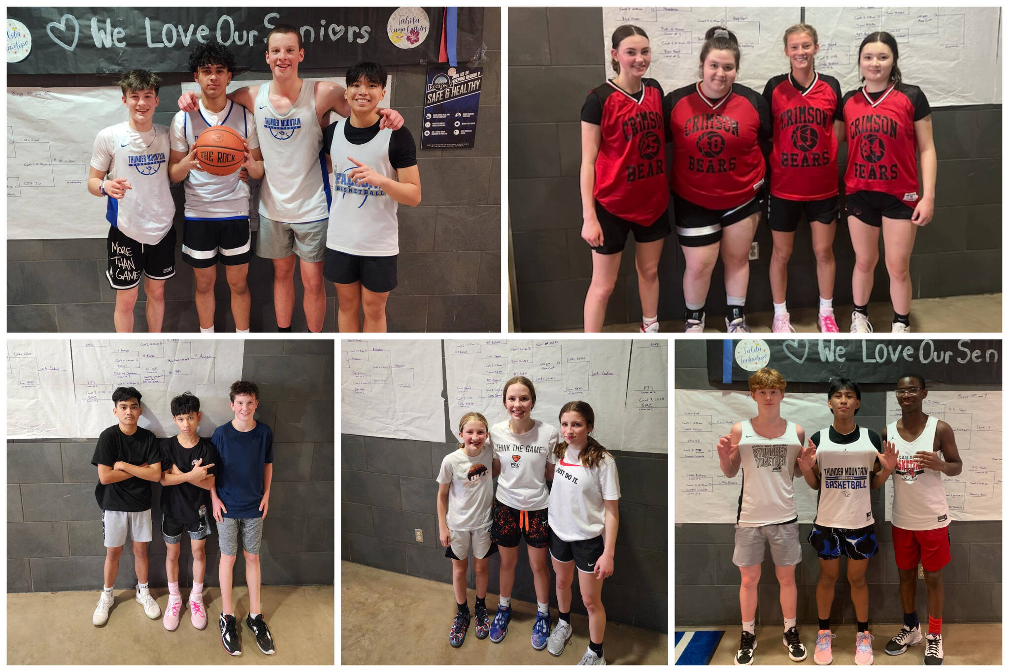 This combination photo shows all five division-winning teams from the recent 3v3 Pre-Season Tournament at Thunder Mountain High School. (Upper left) Team 7, (upper right) Hoopsters, (lower left) 3 Amigos; (lower center) Lucky Ladies and (lower right) 3 of a Kind. (Courtesy Photos)