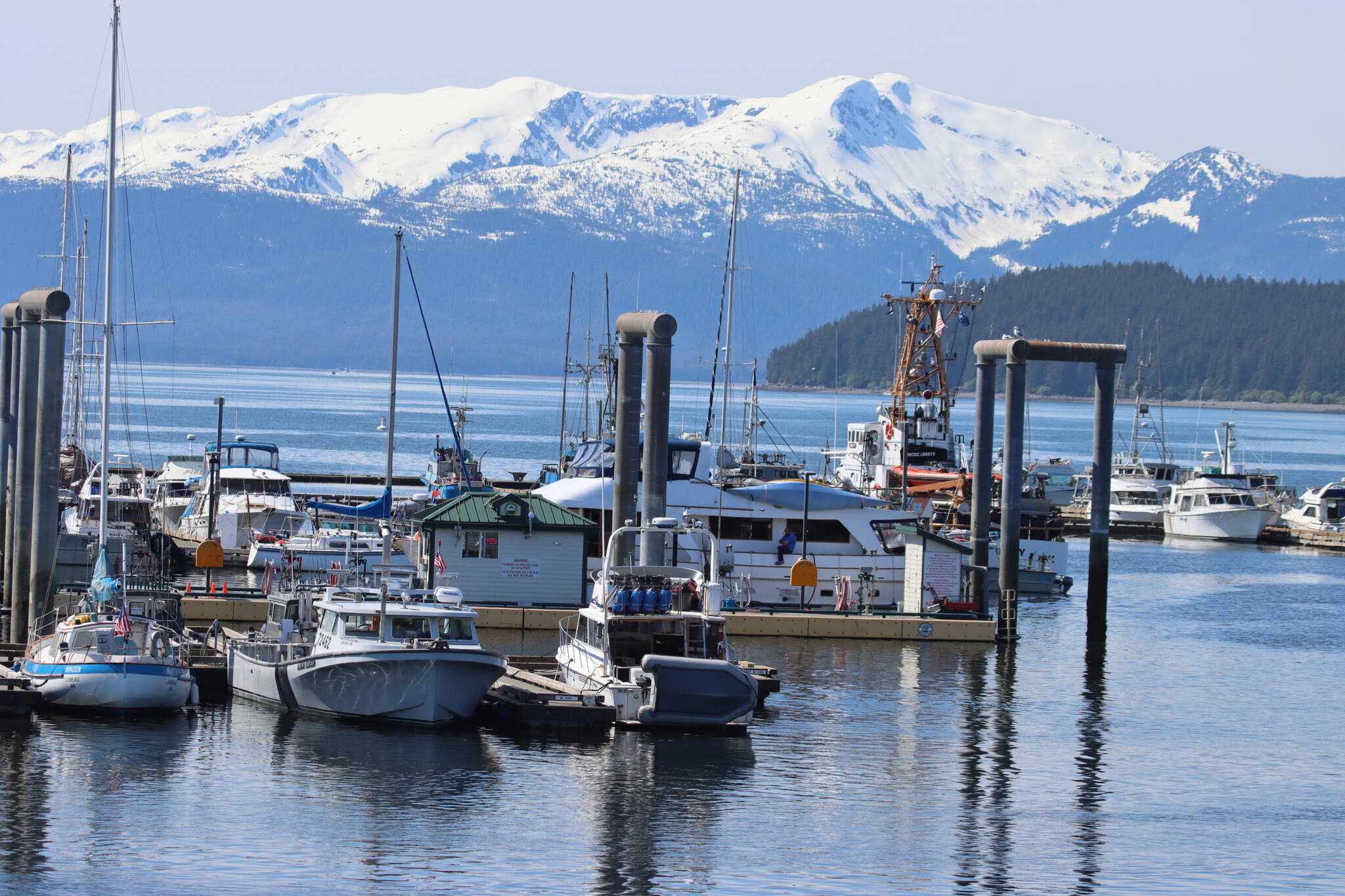 This photo shows boats moored at the Don. D Statter Harbor on a summer day. Multiple ordinances proposed by the City and Borough of Juneau’s Docks and Harbors Board were authorized at Monday night’s Assembly meeting including the OK for a daily fee for vessels at Statter Harbor that do not move every 10 days during the summer. (Ben Hohenstatt / Juneau Empire)