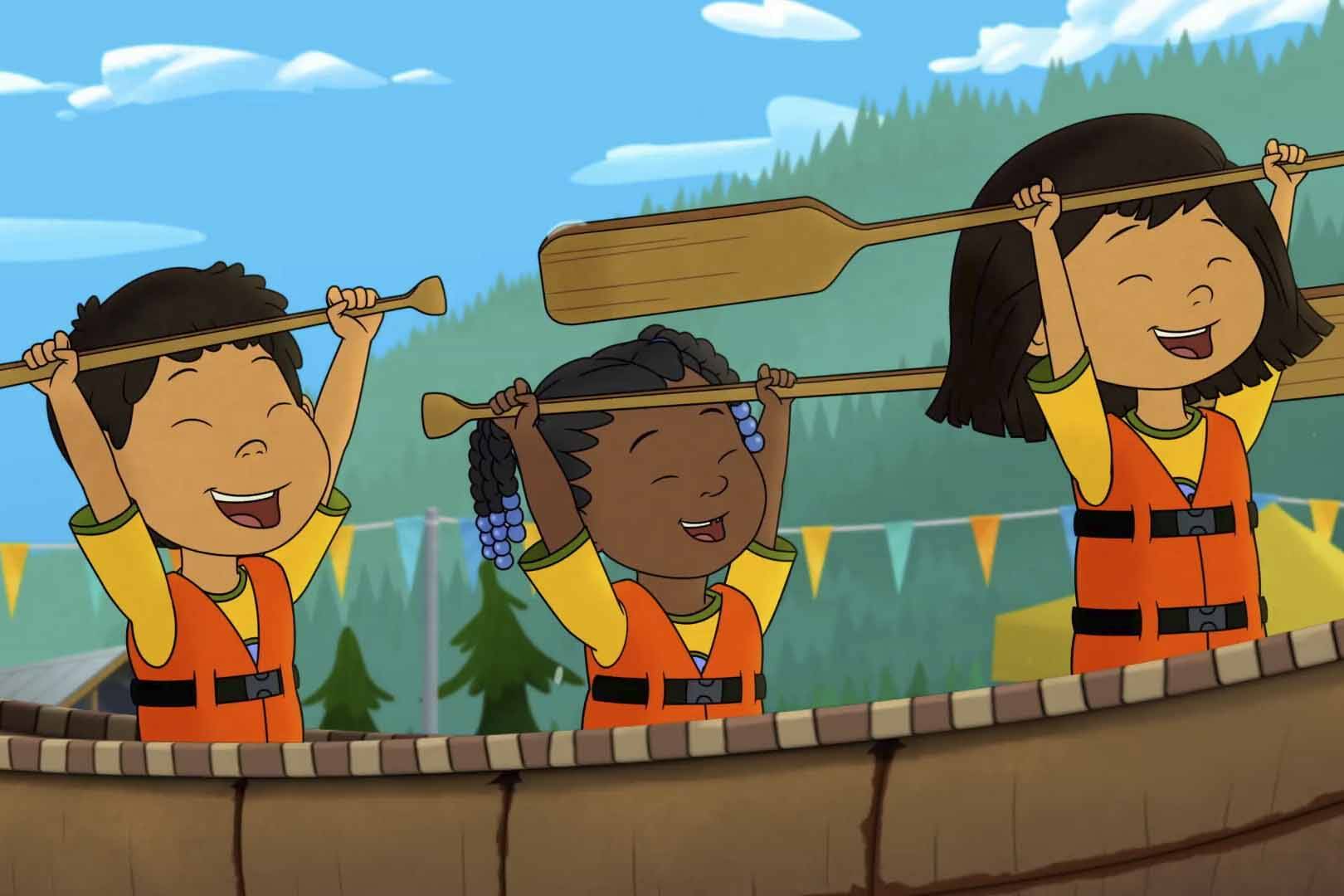 This image released by PBS shows characters, from left, Tooey, voiced by Sequoia Janvier, Trini, voiced by Vienna Leacock and Molly, voiced by Sovereign Bill, in a scene from the animated series “Molly of Denali.” The animated show, which highlights the adventures of a 10-year-old Athabascan girl, Molly Mabray, has been nominated for two Emmys. (PBS)