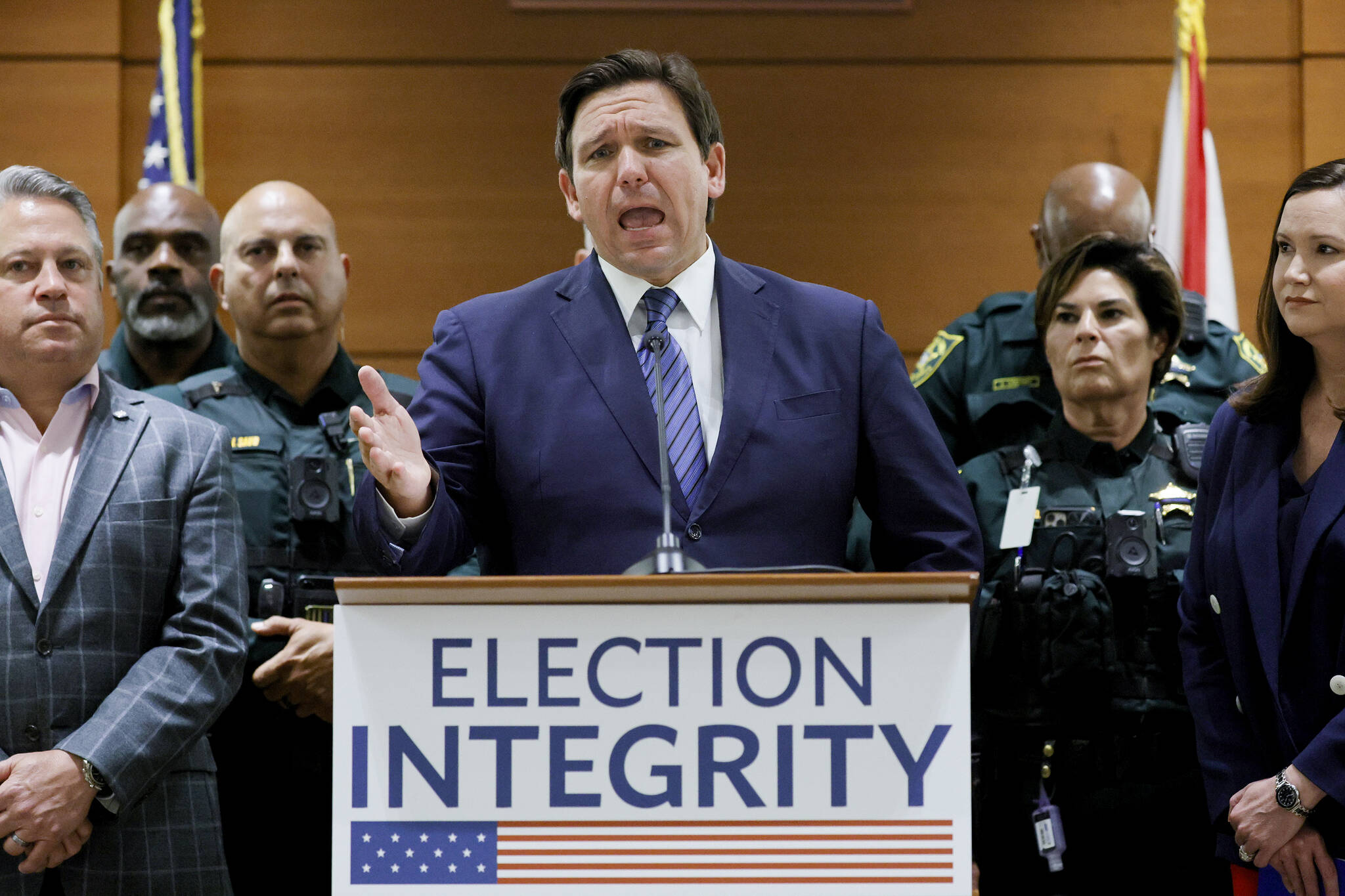 Florida Gov. Ron DeSantis speaks during a news conference at the Broward County Courthouse in Fort Lauderdale, Fla., Aug. 18, 2022. Florida, Georgia, Texas and Virginia all started new law enforcement units to investigate voter fraud in this year’s elections based on former President Donald Trump’s lies about the 2020 presidential contest. So far, those units seem to have produced more headlines than actual cases. (Amy Beth Bennett / South Florida Sun-Sentinel)