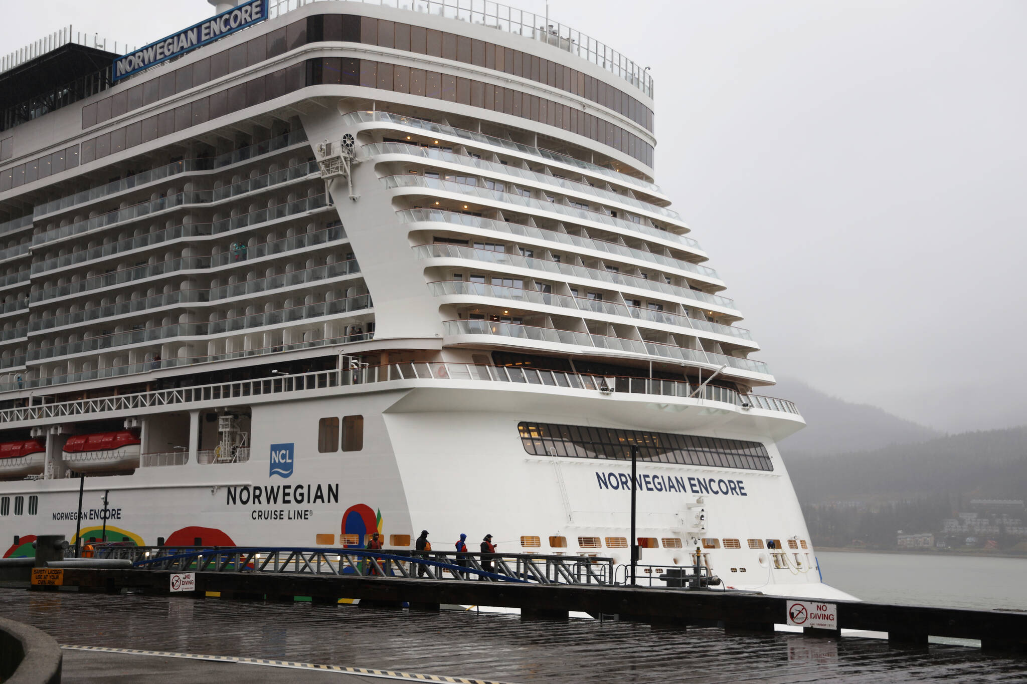 Norwegian Cruise Line’s Norwegian Encore berths at in the Juneau Harbor in late October. Findings from this year’s Juneau Tourism Survey showed nearly 75% supported limiting the number of large cruise ships per day in Juneau’s harbor to five. (Clarise Larson / Juneau Empire)