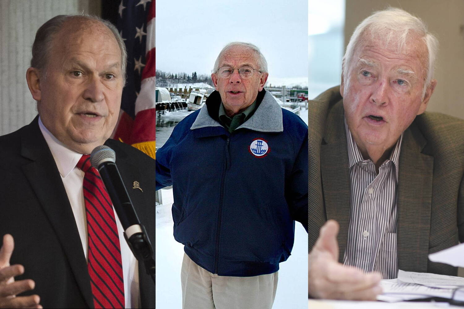 Bill Walker, left, Bill Sheffield, center and Frank Murkowski are among the majority of Alaska governors who failed to win a second term for reasons ranging from unpopularity to scandals. (Credits: Michael Penn / Juneau Empire file photos and Al Grillo / AP)