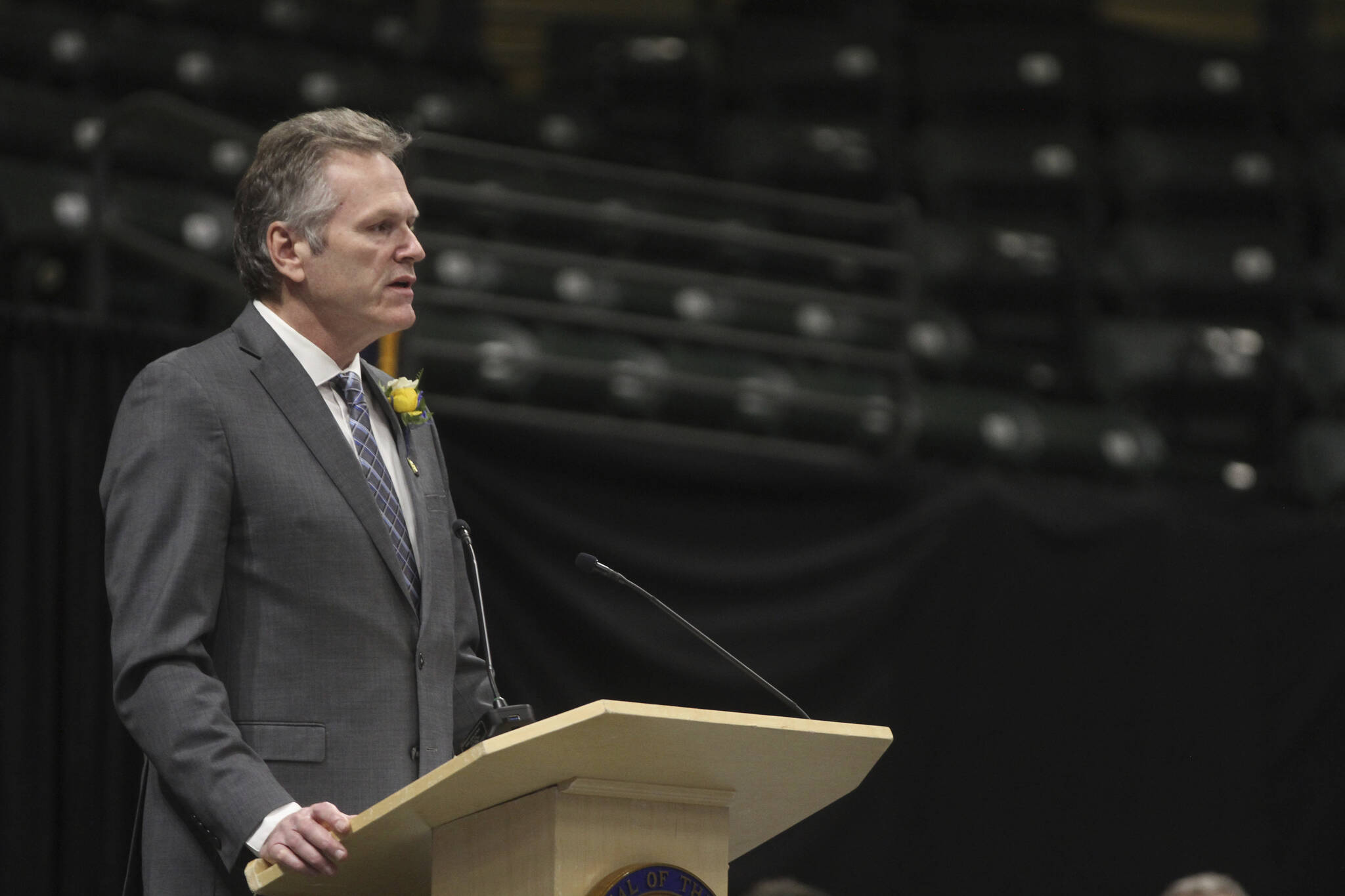 Alaska Gov. Mike Dunleavy addresses the audience during his inauguration ceremony Monday, Dec. 5, 2022, in Anchorage, Alaska. Dunleavy, a Republican, last month became the first Alaska governor since Democrat Tony Knowles in 1998 to win back-to-back terms. (AP Photo/Mark Thiessen)