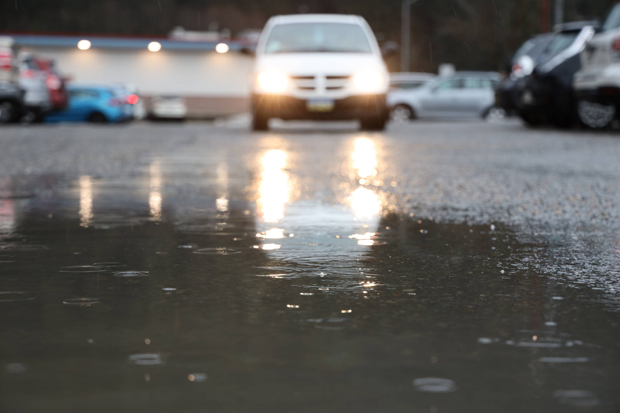 Rain drops in a puddle of water on Wednesday afternoon in the Valley area. (Clarise Larson / Juneau Empire)