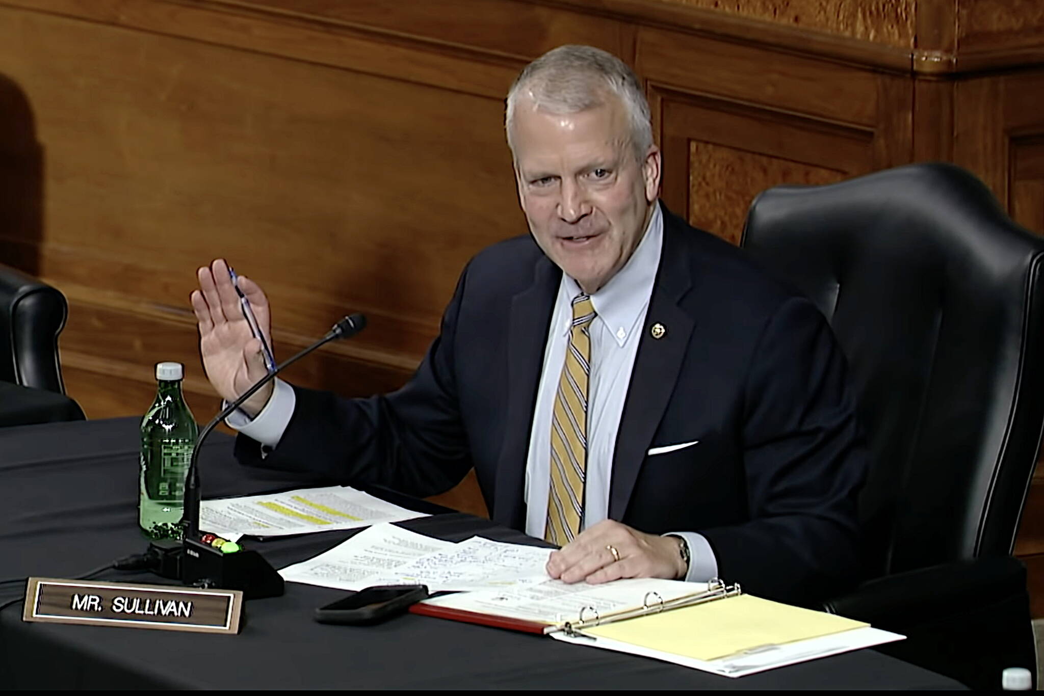 In this screenshot from official Senate video, U.S. Sen. Dan Sullivan, an Alaska Republican, discusses oil and gas policy during an Armed Services Committee meeting at the U.S. Capitol in May. (Screenshot)