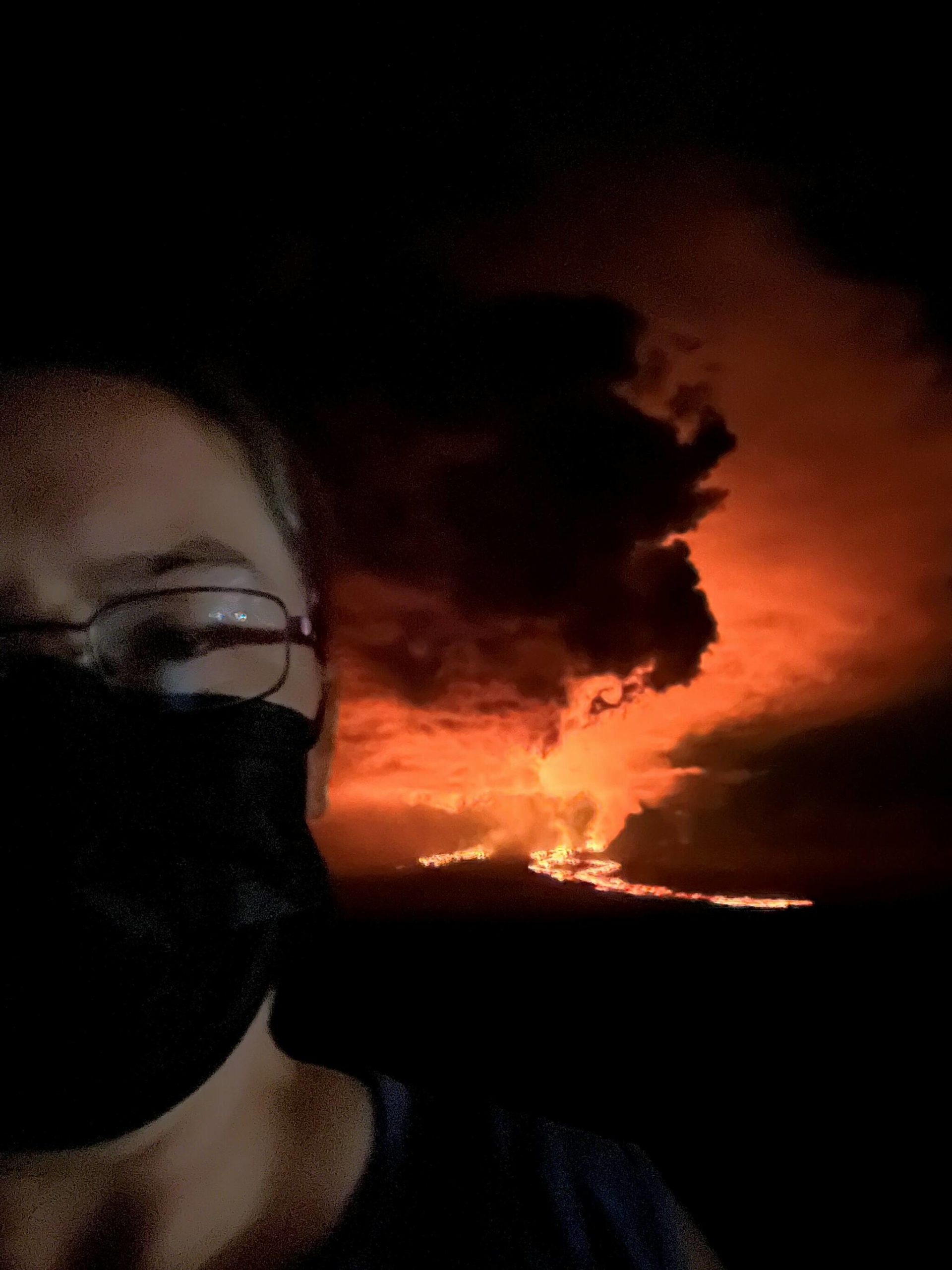 Vivian Mork Yeilk’ selfie with lava, Mauna Loa eruption, Big Island, Hawaii. November 2022. (Yéilk’ Vivian Mork / For the Capital City Weekly)