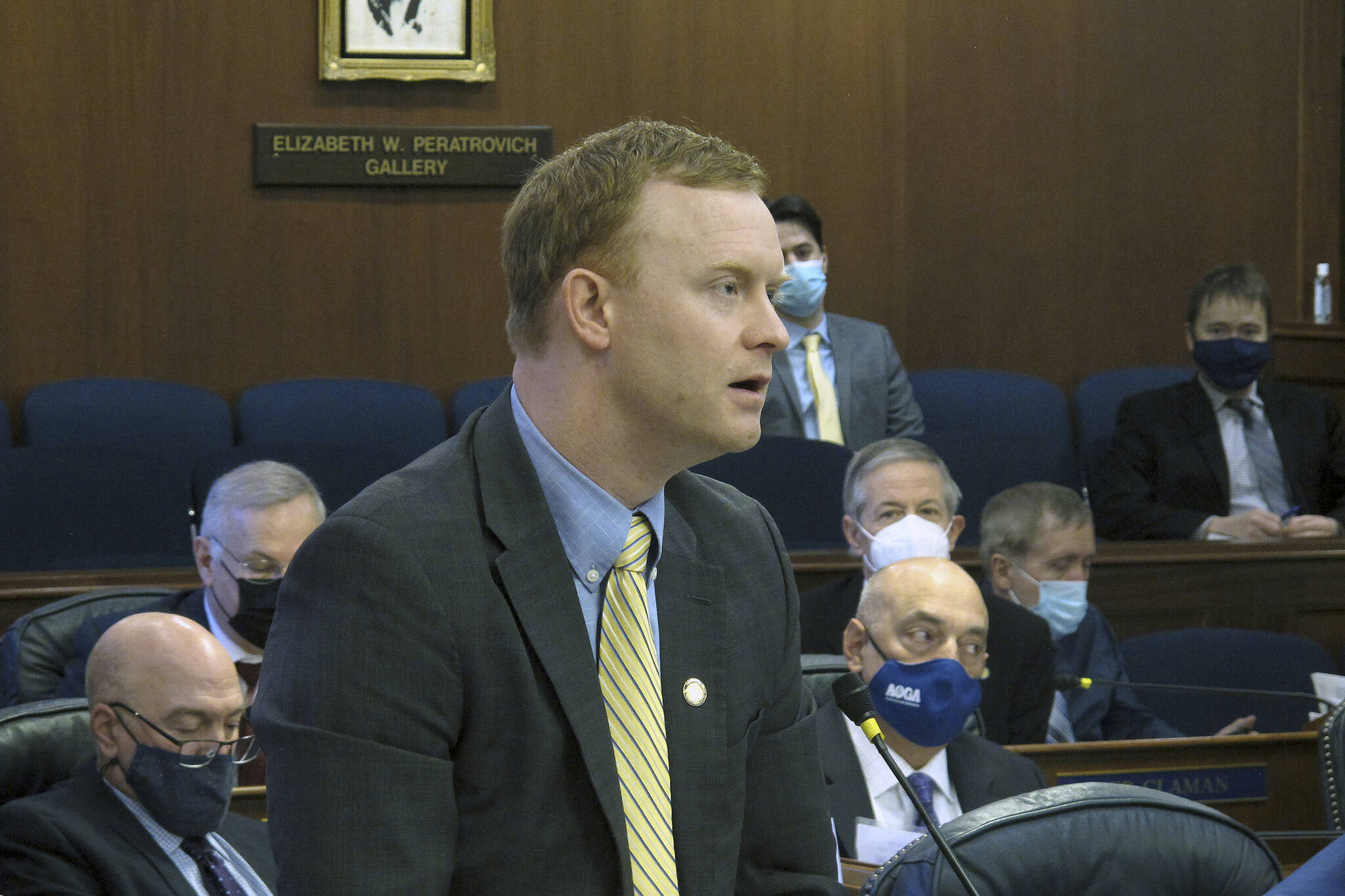 Alaska Republican state Rep. David Eastman speaks on the floor of the Alaska House on Jan. 31, 2022, in Juneau, Alaska. A lawyer said in opening arguments Tuesday, Dec. 13 in a case against Eastman that the Alaska lawmaker is unfit to hold office because he's a member of the far-right Oath Keepers, a group that has either advocated or engaged in concrete action to overthrow the U.S. government. (AP Photo/Becky Bohrer, File)