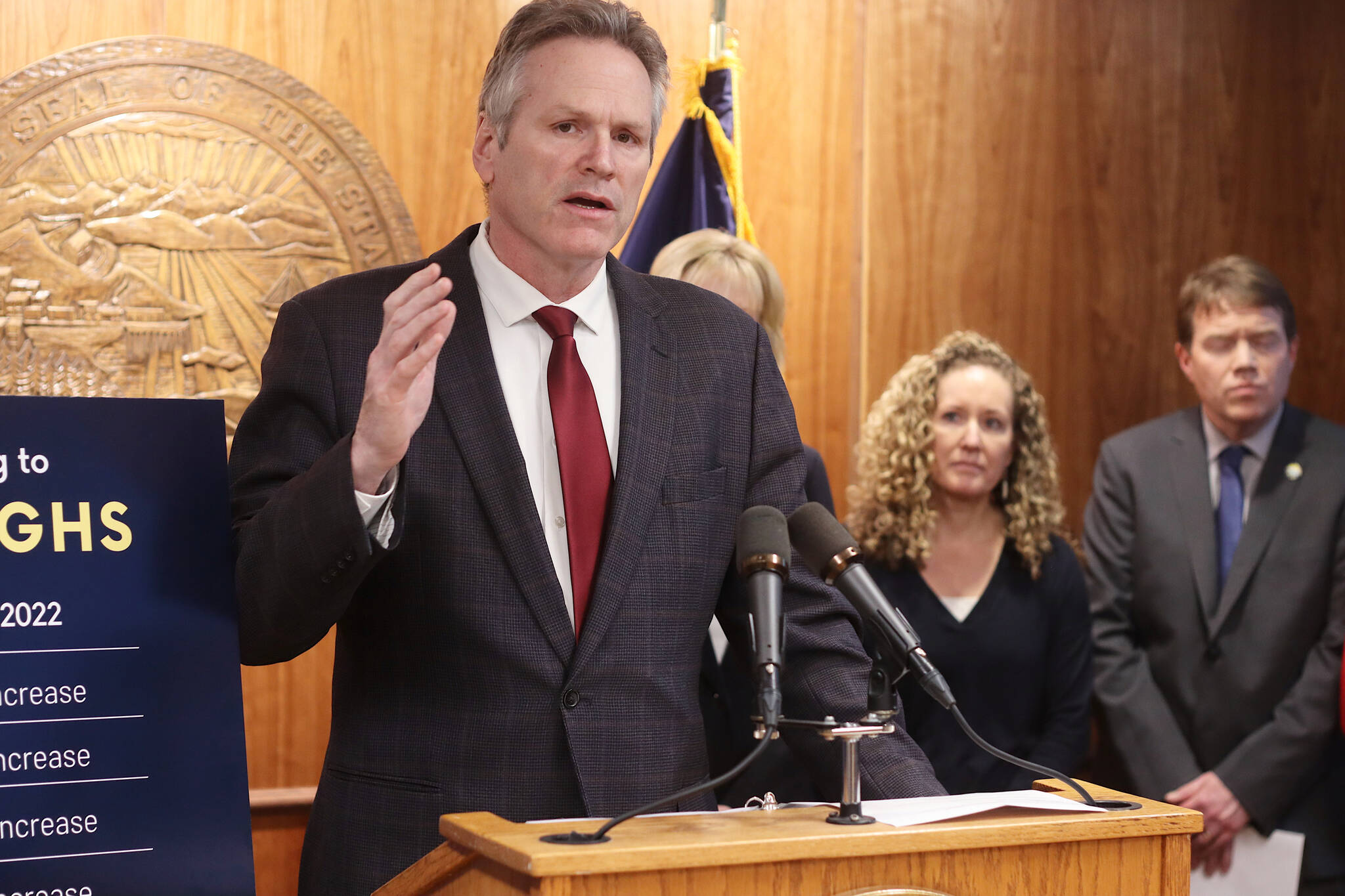 Gov. Mike Dunleavy discusses his proposed budget for the 2024 fiscal year during a press conference Thursday at the Alaska State Capitol. He said it features no major increases or reductions compared to the current year’s budget, incurs about a $265 million deficit covered with reserve funds, and includes a “full PFD” projected to be about $3,800. (Mark Sabbatini / Juneau Empire).
