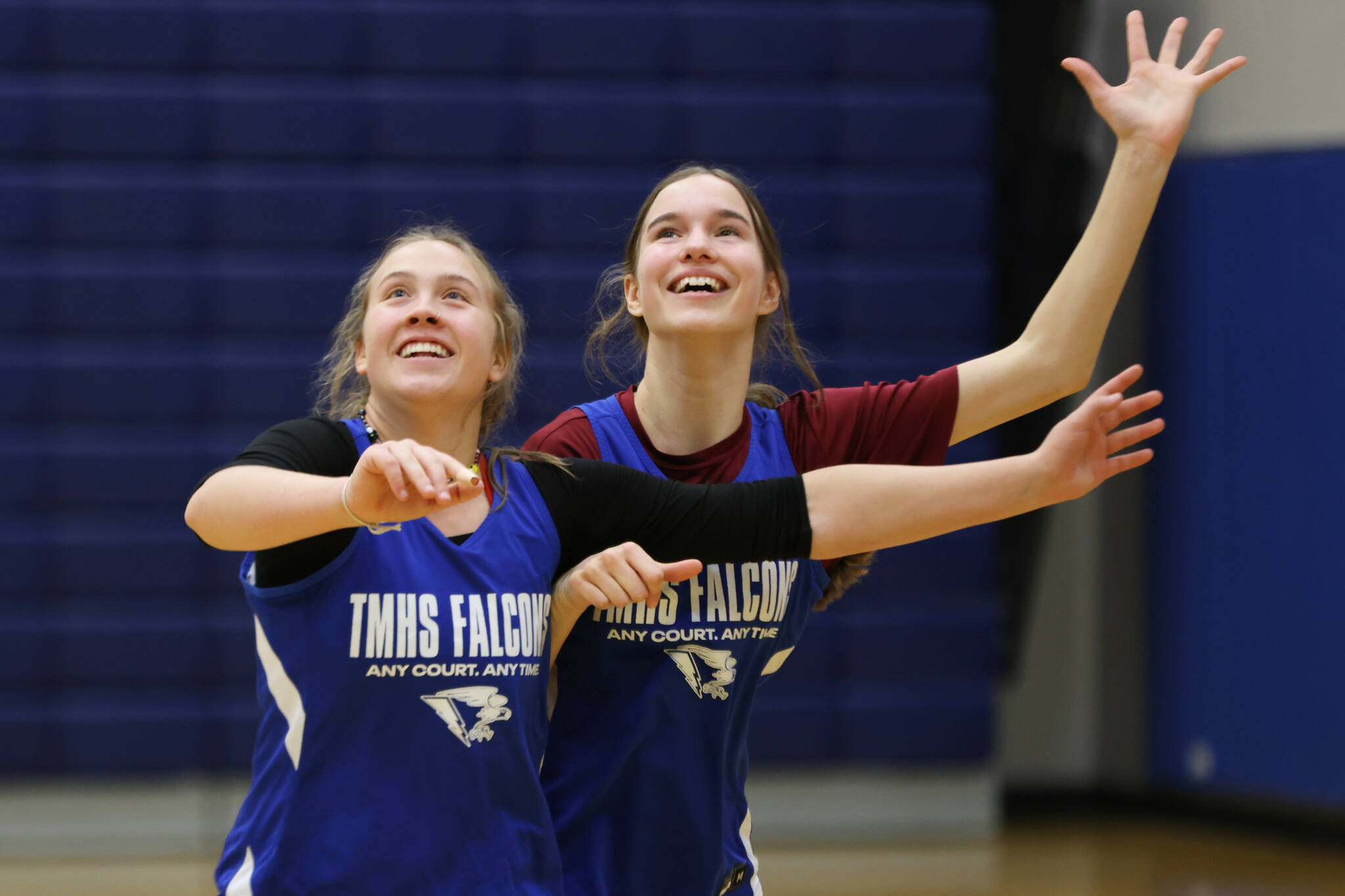 Ashlyn Gates and Cailynn Baxter practice boxing out during practice at Thunder Mountain High School. Gates and the Baxter twins are among the athletic core that gives coach Andly Lee confidence that TMHS can compete with any team on its schedule.  (Ben Hohenstatt / Juneau Empire)