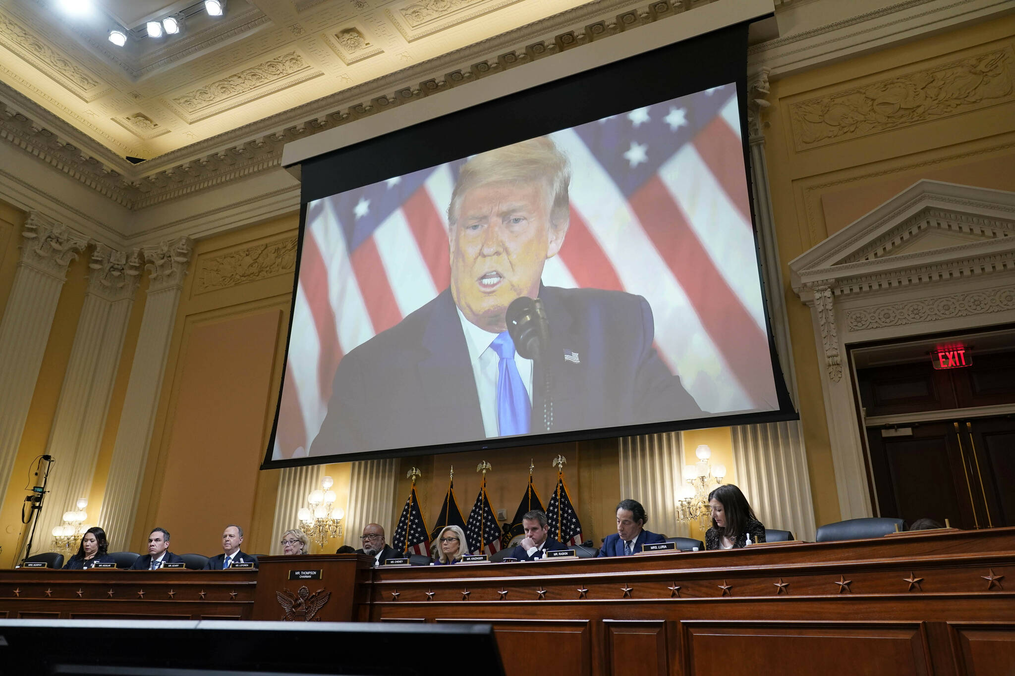 A video of former President Donald Trump is shown on a screen, as the House select committee investigating the Jan. 6 attack on the U.S. Capitol holds its final meeting on Capitol Hill in Washington, Monday, Dec. 19, 2022. (AP Photo / J. Scott Applewhite)