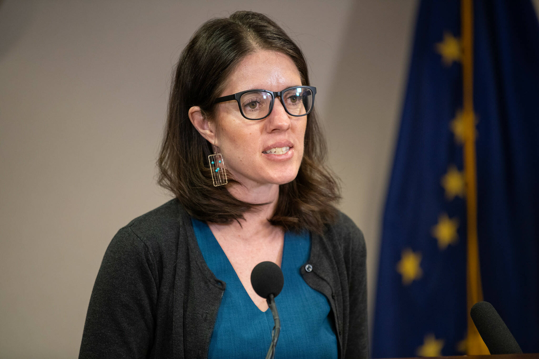 Alaska Chief Medical Officer Dr. Anne Zink speaks at a press conference in Anchorage on March 23, 2020. (Office of Gov. Mike Dunleavy)