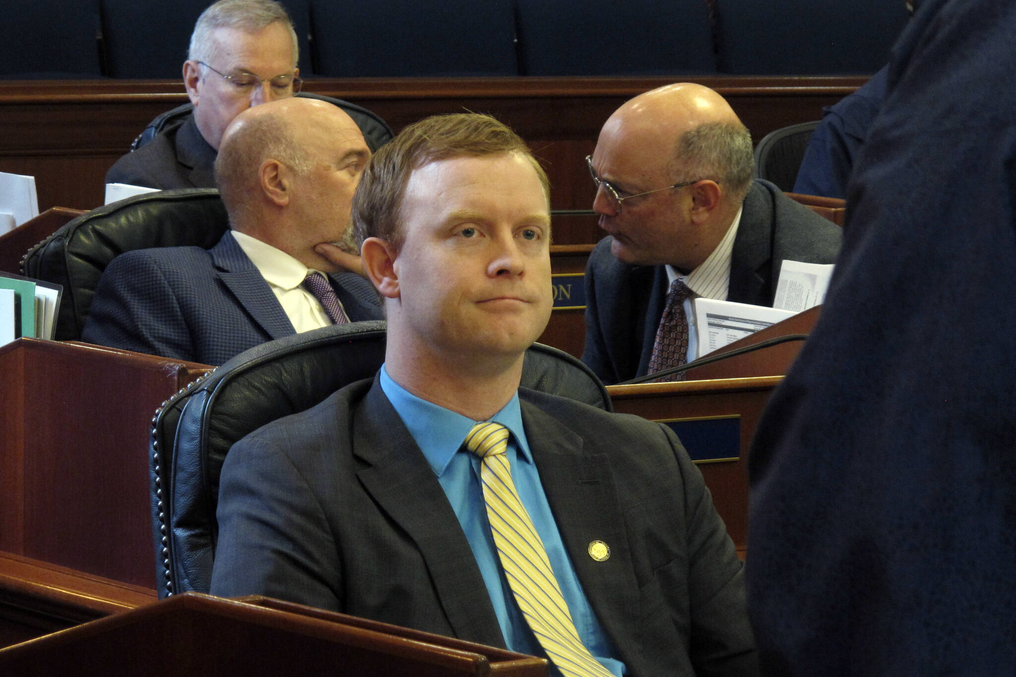 Alaska state Rep. David Eastman, R-Wasilla, sits in the House on April 29, 2022, in Juneau, Alaska. Eastman, accused of violating the state constitution’s disloyalty clause over his lifetime membership in Oath Keepers, has not condemned the organization in the wake of the Jan. 6, 2021, insurrection at the U.S Capitol. “No, I generally don’t condemn groups,” Eastman, a Wasilla Republican, said during his bench hearing on Thursday, Dec. 15, 2022, his second day on the witness stand. (AP Photo / Becky Bohrer, File)