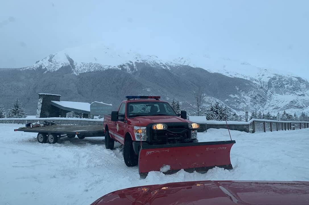 CCFR prepares to perform a rescue on the frozen ice on Saturday after receiving a report of a man slipping and injuring himself roughly half a mile from the visitor’s center at the Mendenhall Glacier. (Courtesy Photo / Capital City Fire/Rescue)