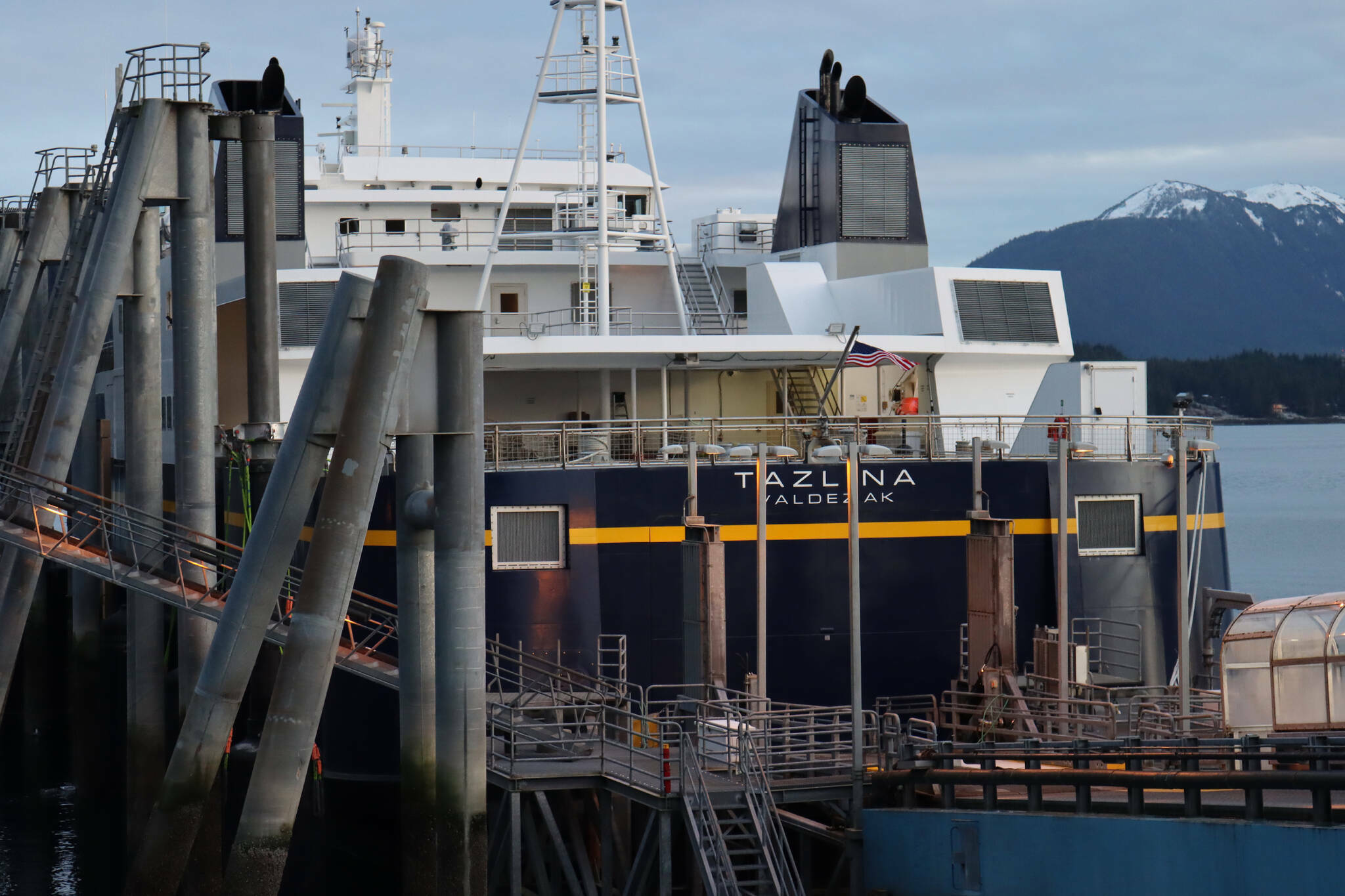 Ben Hohenstatt / Juneau Empire 
The MV Tazlina is docked at the Auke Bay ferry terminal this Nov. 15, 2021, photo. The Alaska Marine Highway System is among the biggest Juneau beneficiaries of nearly $3 billion in state funds so far allocated from the Infrastructure Investment and Jobs Act, which U.S. Sen. Lisa Murkowski played a key role in drafting. Funds will go toward upgrading existing vessels and providing new ferry infrastructure.
