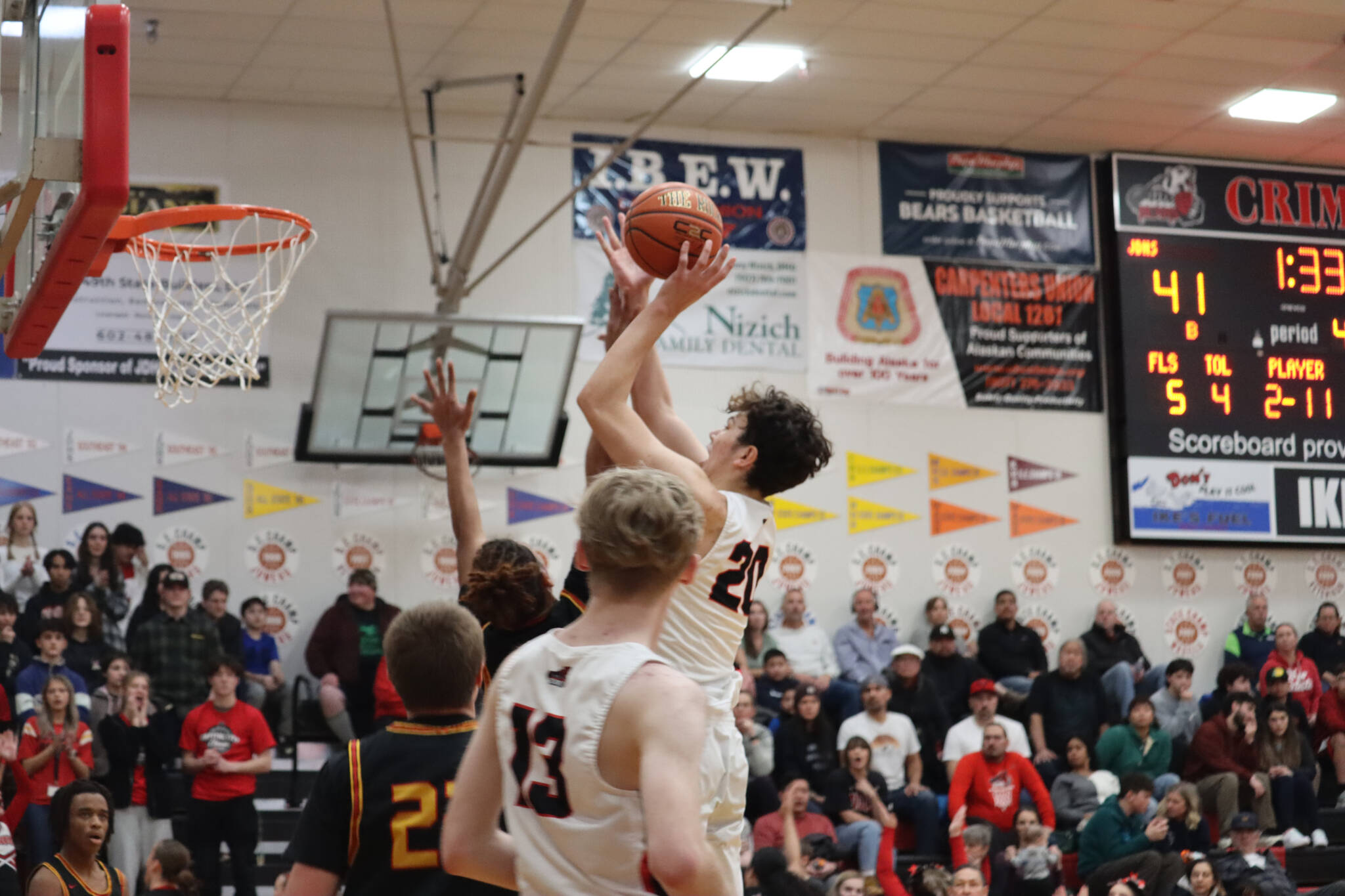 JDHS senior forward Orion Dybdahl comes in for a two-point shot during Friday’s Capital City Classic against West Valley High School. Dybdahl would end the game with a total of eight points. (Jonson Kuhn / Juneau Empire)
