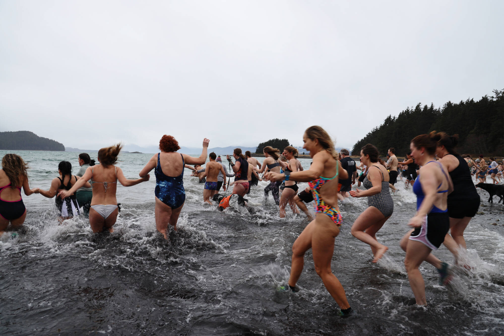Dozens of people run into the cold ocean water on a cloudy Sunday afternoon for the annual Polar Dip at the Auke Recreation Area. (Clarise Larson / Juneau Empire)