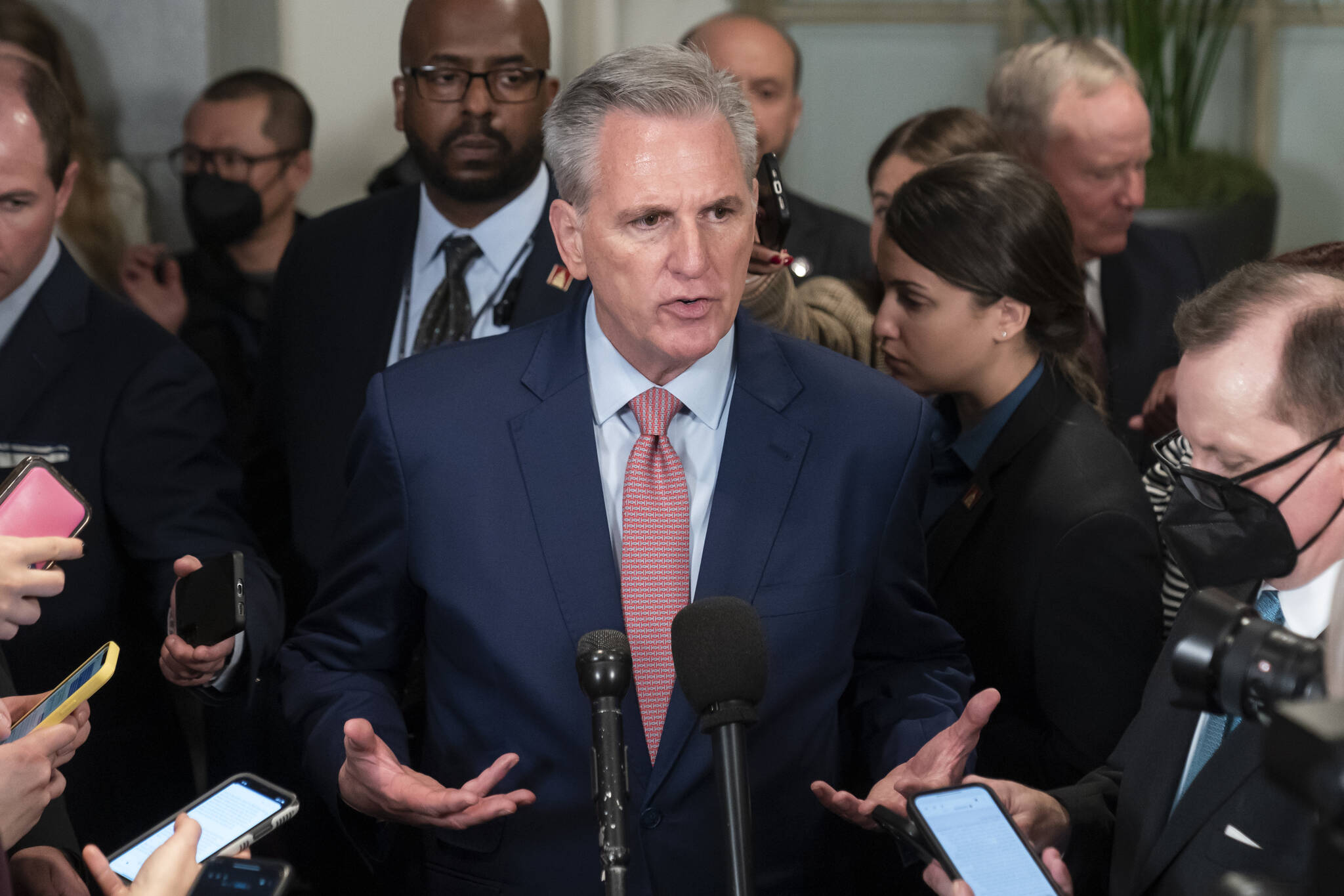 House Republican Leader Kevin McCarthy, R-Calif., speaks after a closed-door meeting with the GOP Conference as he pursues the speaker of the House role when as the 118th Congress convenes, Tuesday, Jan. 3, 2023, in Washington. (AP Photo / Alex Brandon)