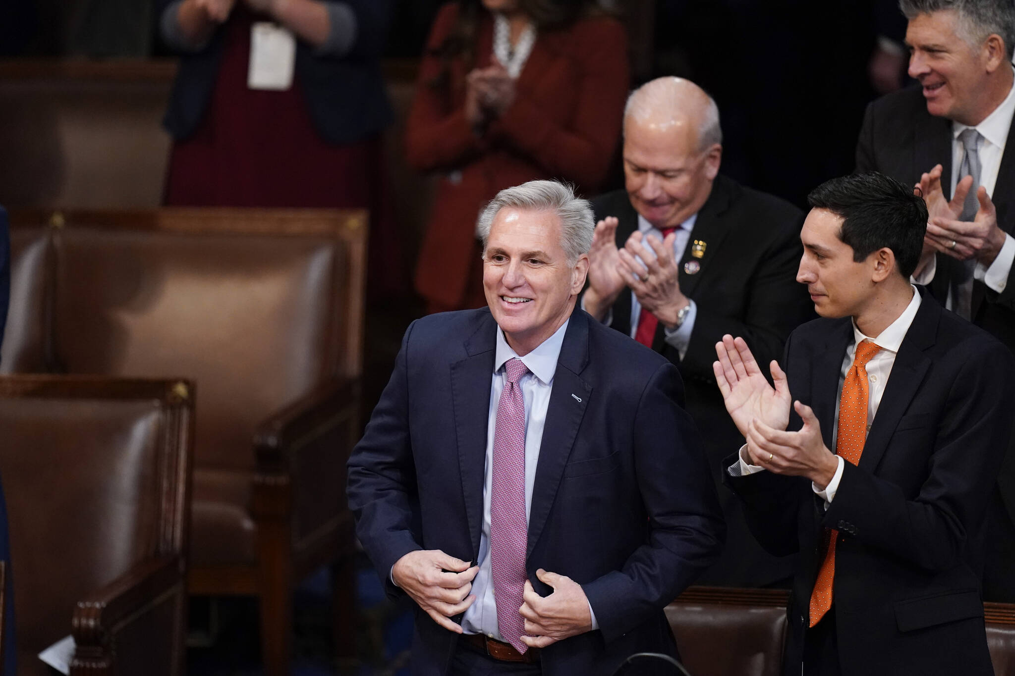 Rep. Kevin McCarthy, R-Calif., stands as he is nominated for a twelfth time in the House chamber as the House meets for the fourth day to elect a speaker and convene the 118th Congress in Washington, Friday, Jan. 6, 2023. (AP Photo / Alex Brandon)