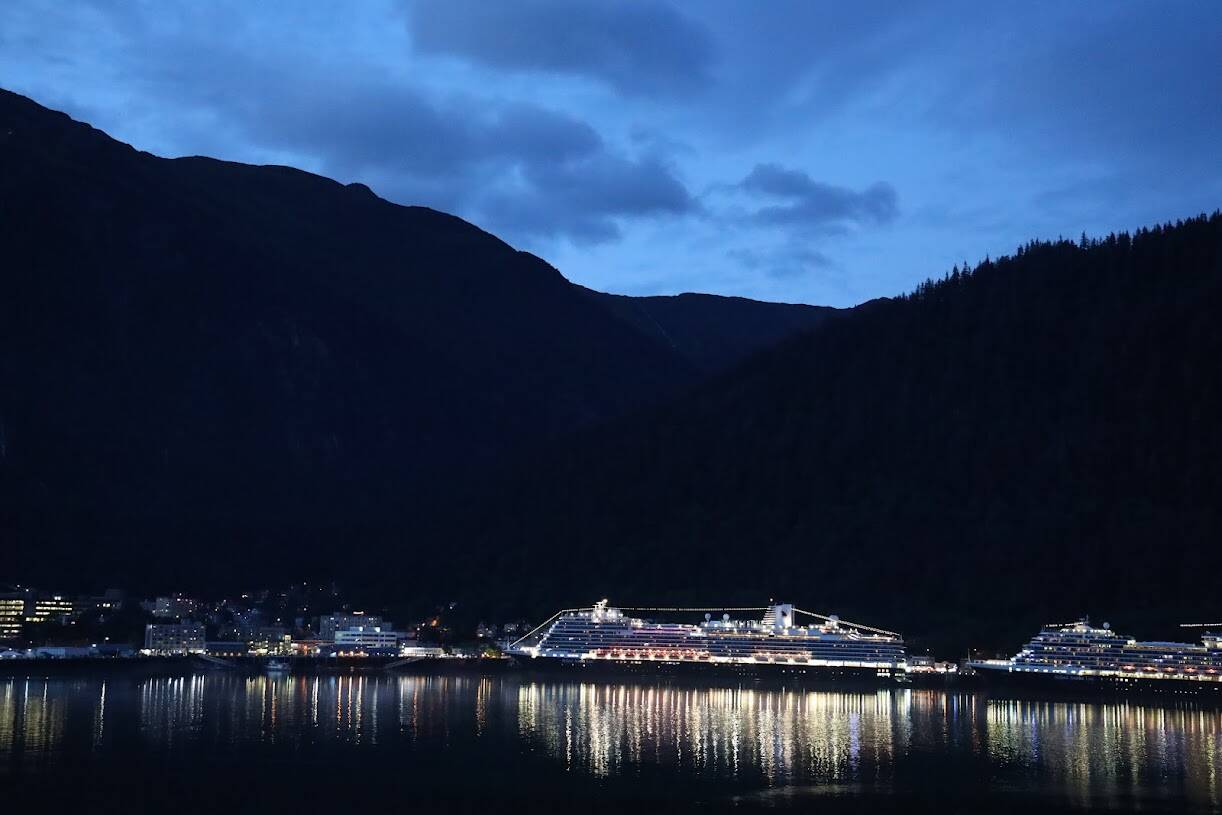Cruise ships line the downtown docks during a dark evening in late August. On Monday the Assembly voted to delay adopting cruise ship tourism policy objectives recommended by the Visitor Industry Task Force’s final report to allow for further public input. ( Clarise Larson / Juneau Empire File)