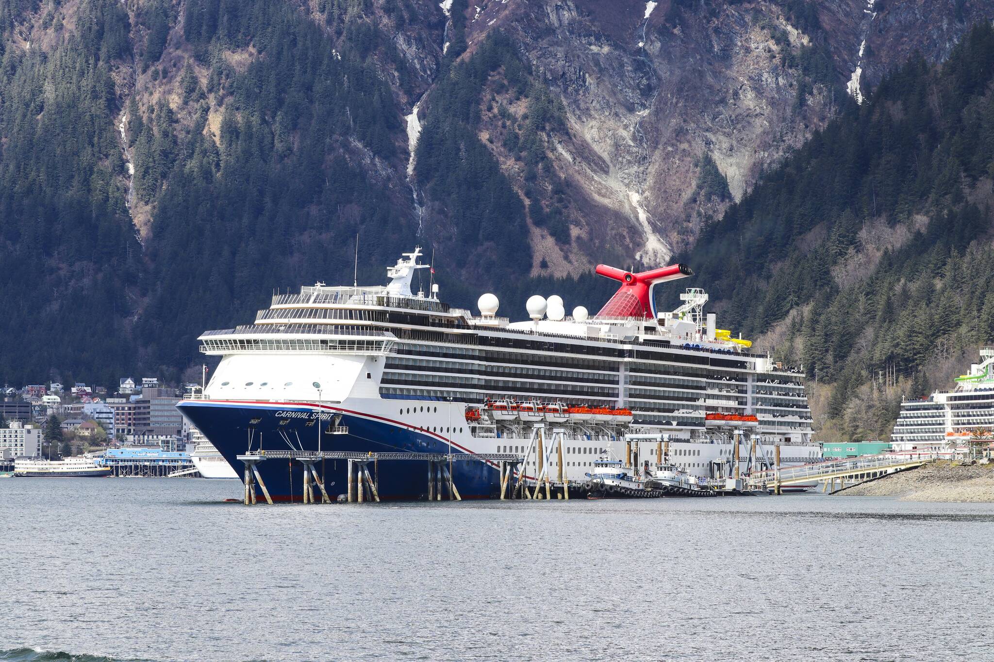 A Carnival cruise ship is berthed Juneau’s cruise ship docks during the summer of 2022. (Michael S. Lockett / Juneau Empire FIle)