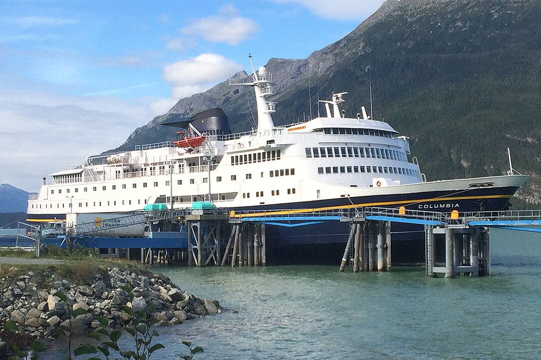 Geraldine Young / Alaska DOTPF 
The Columbia docks at the terminal in Haines while in service previously. The Alaska Marine Highway vessel, which was taken out of service as a cost-cutting measure in 2019, is scheduled to resume voyages between Bellingham and Southeast Alaska in February while the Matanuska undergoes renovations.