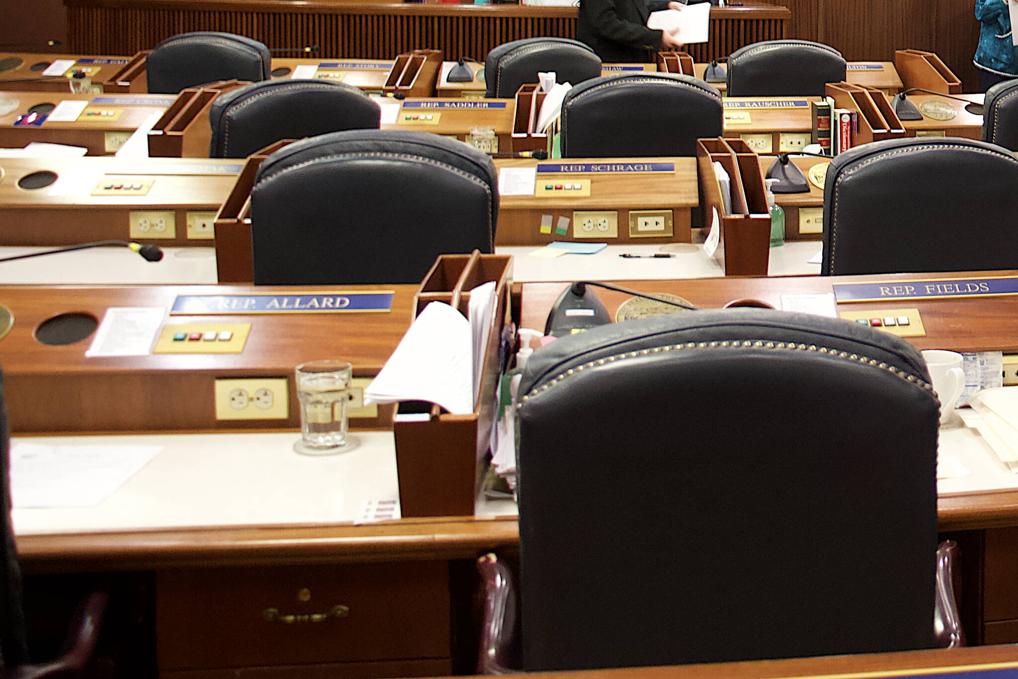 Chairs await state lawmakers in the House chambers at the Alaska State Capitol on Friday. A total of 14 prefile bills were published during the day in addition to 68 published Tuesday. (Mark Sabbatini / Juneau Empire)