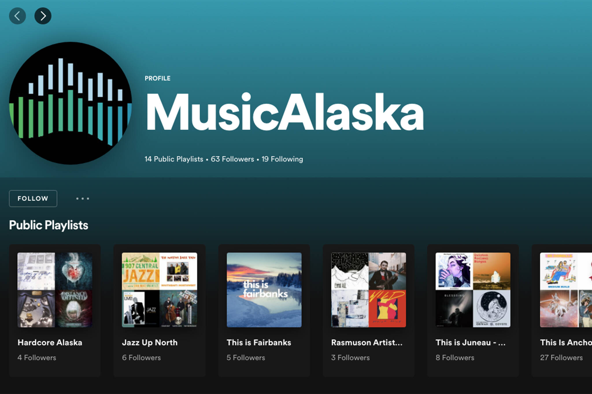 This screenshot shows the MusicAlaska Spotify page. The nonprofit's Alaska Playlist project includes an array of playlists dedicated to Alaska bands and artists across a wide array of genres. However, it's just one of the ways MusicAlaska, a partner of Alaska Independent Music Initiative, intends to catalog and promote the state's music scene. (Ben Hohenstatt / Juneau Empire)