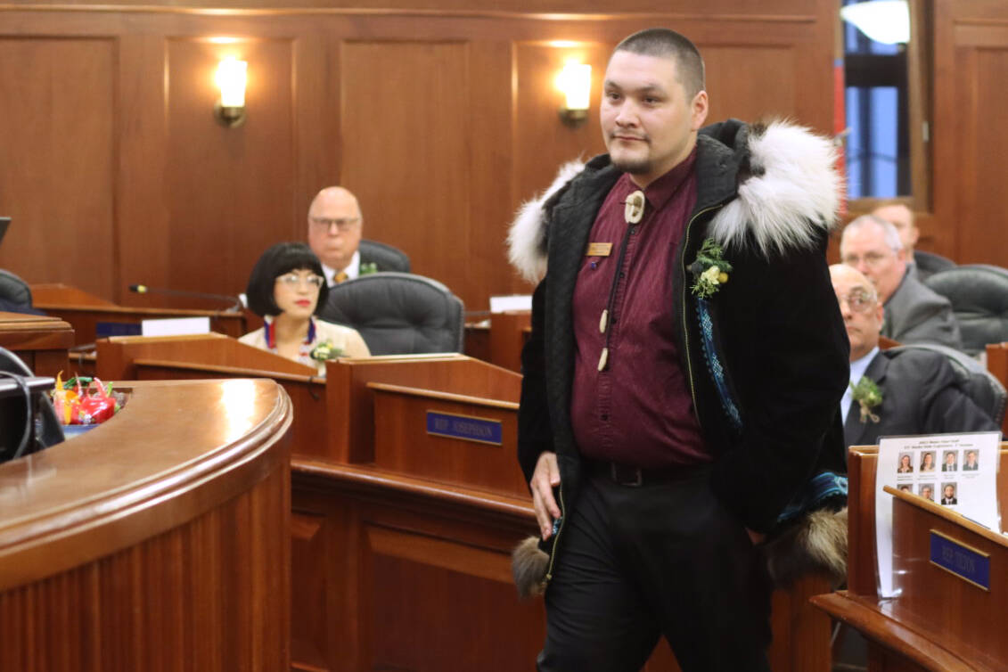 Josiah Patkotak, I-Utqiaġvik, walks toward the dais in the Alaska House of Representatives Chamber to preside over the body as the speaker pro tem. (Jonson Kuhn / Juneau Empire)