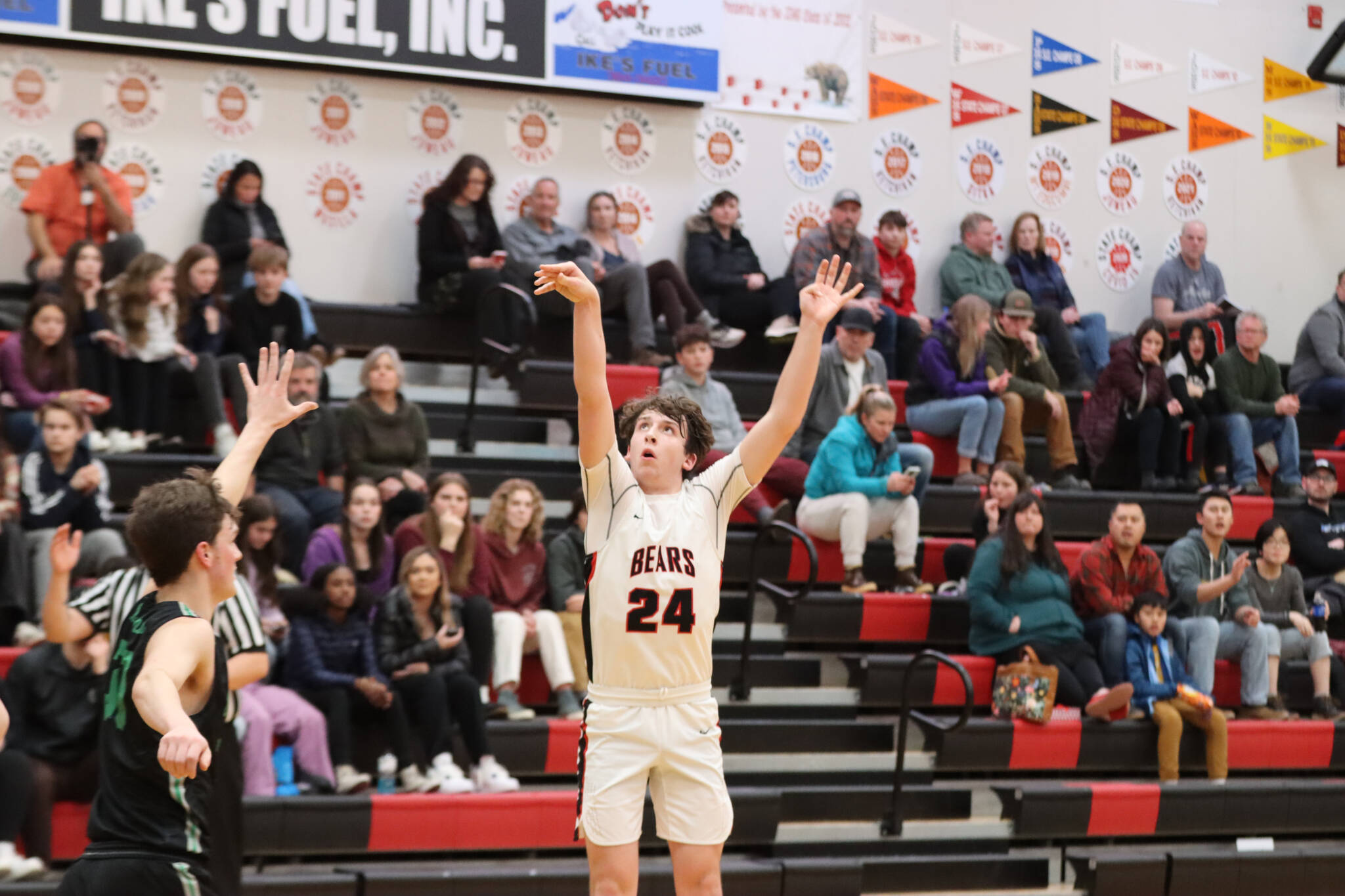 JDHS senior Kai Hargrave sinks a 3-point shot in the third quarter during Wednesday night’s home game against Colony High School. (Jonson Kuhn / Juneau Empire)