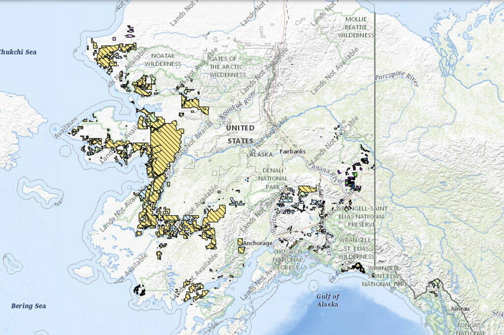 U.S. Bureau of Land Management 
A map shows land tracts where Alaska Native Vietnam veterans can apply for parcels under an allocation program by the U.S. Bureau of Land Management. The most common land parcels potentially available are shaded in light yellow. Areas shaded in light green, including the ones nearest Juneau, represent potentially available state selected land.