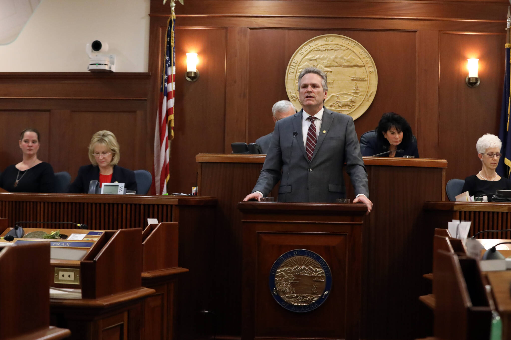 Gov. Mike Dunleavy delivers his State of the State address to a joint session of the Alaska State Legislature on Monday. (Clarise Larson / Juneau Empire)