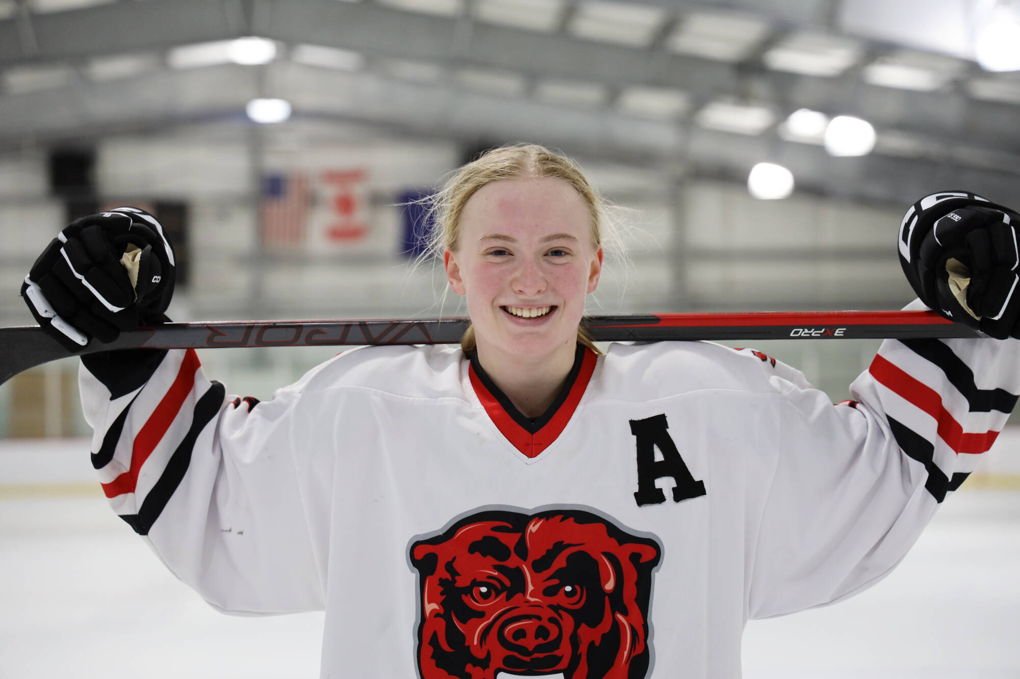 Anna Dale, a senior and the Juneau-Douglas High School: Yadaa.at Kalé Crimson Bears Varsity hockey team’s assistant captain, goes above and beyond on and off the ice. Dale talked with the Empire about her love for the game and how hockey will continue to play a role in her future after high school. (Clarise Larson / Juneau Empire) Clarise Larson / Juneau Empire)