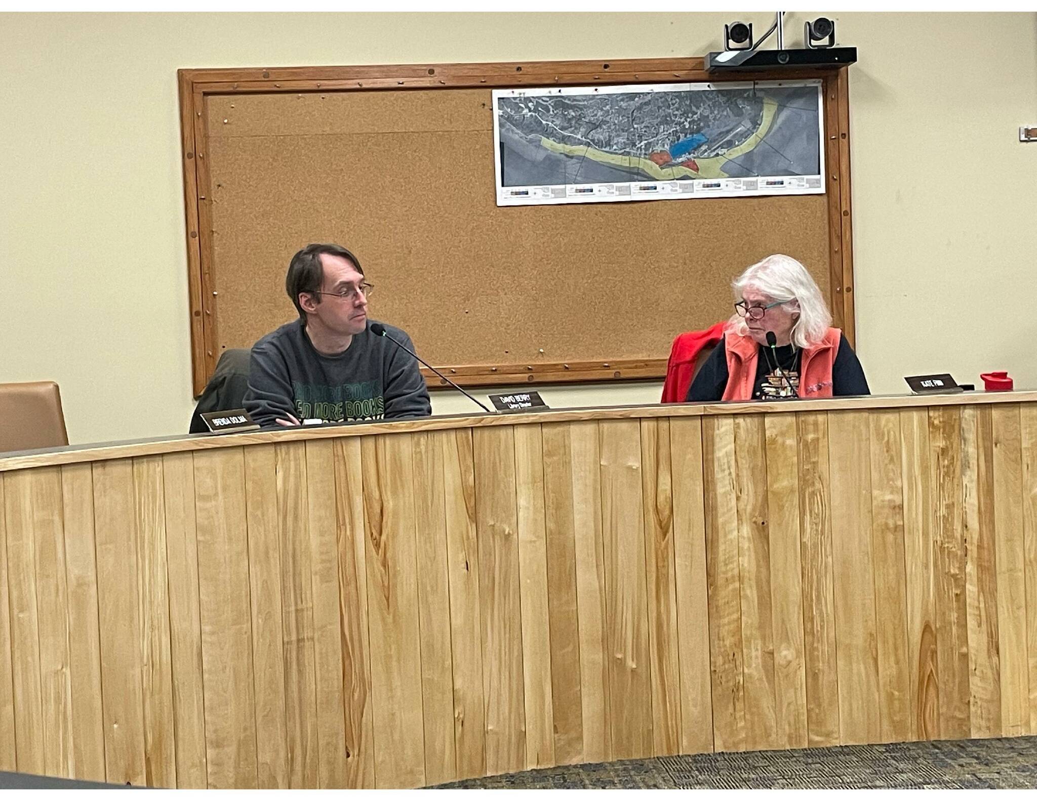 Library Director Dave Berry and Advisory Board Chair Kate Finn on Tuesday Jan. 17 at Homer City Hall. Photo by Emilie Springer